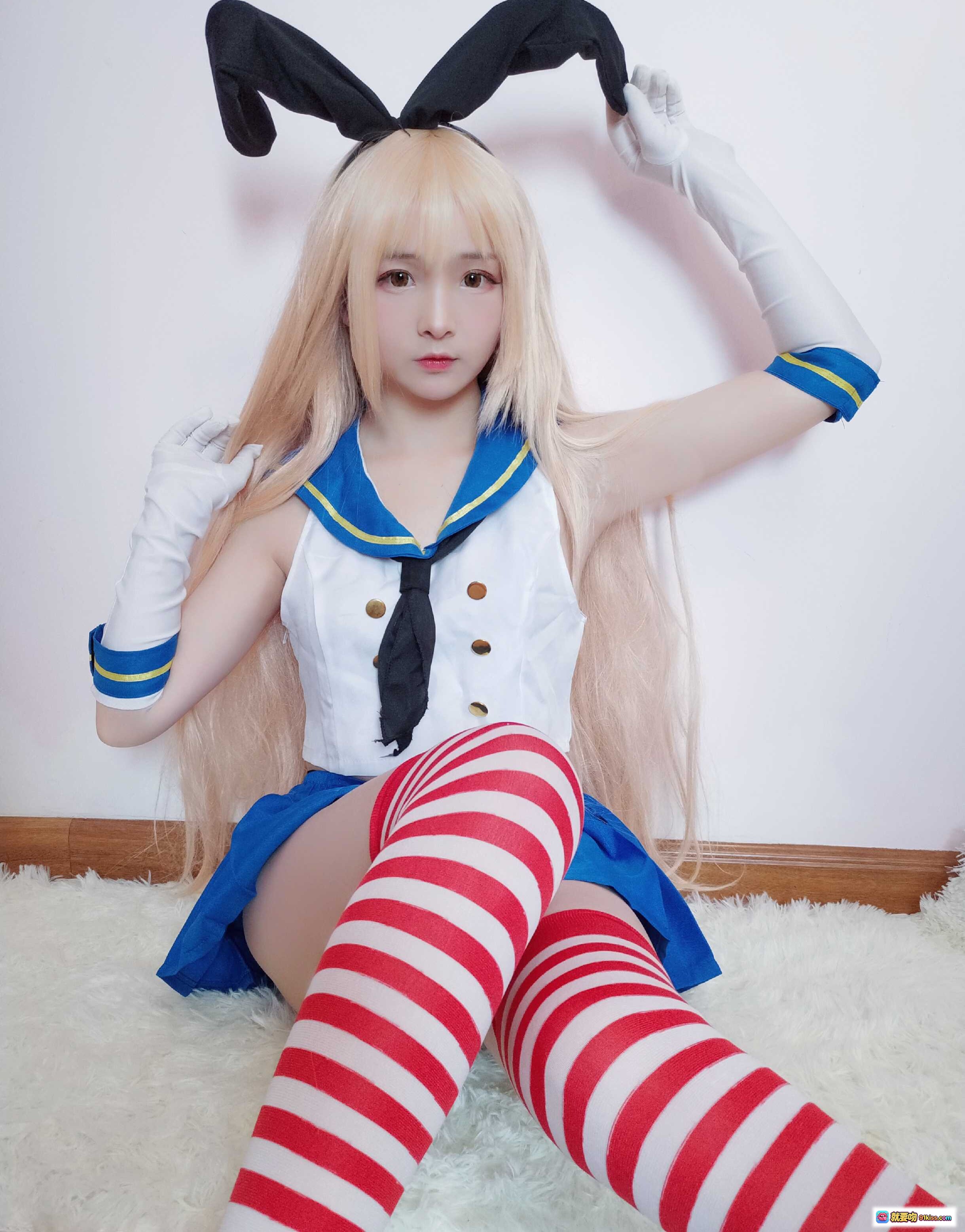 图片[9] - 古川NO.008岛风cosplay兔耳水手服金发少女蓝裙红袜白手套萌系写真 - 就要吻