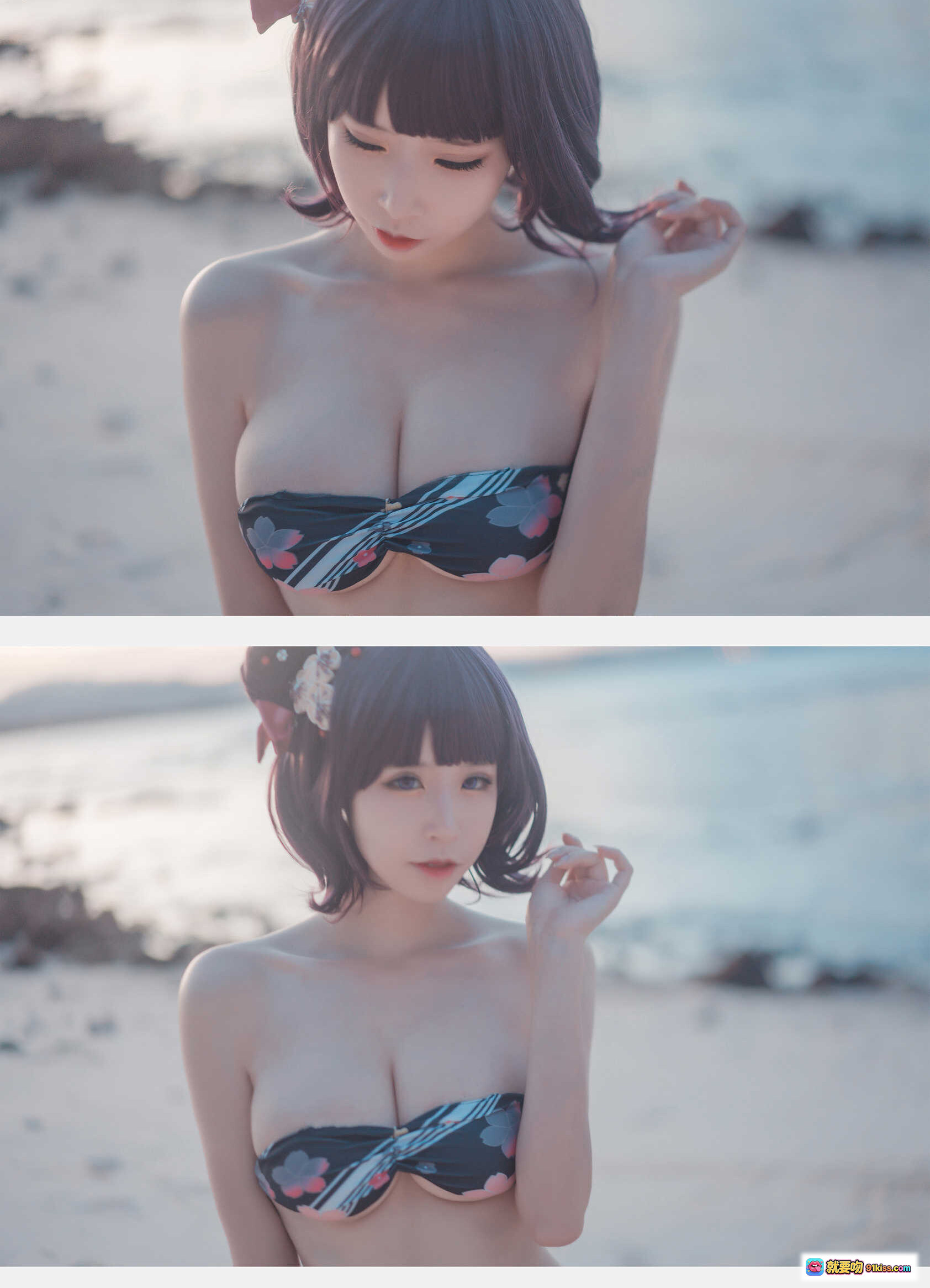 图片[8] - 爱老师葛饰北斋泳装写真｜沙滩日系少女风｜黑底樱花比基尼｜21P高清图集 - 就要吻
