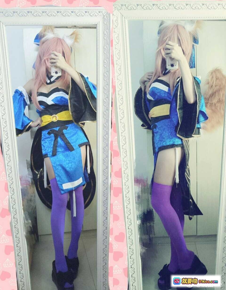图片[1] - 腐团儿COS玉藻前Fate角色扮演 粉发狐耳蓝裙紫袜性感 Cosplay写真镜前自拍 - 就要吻