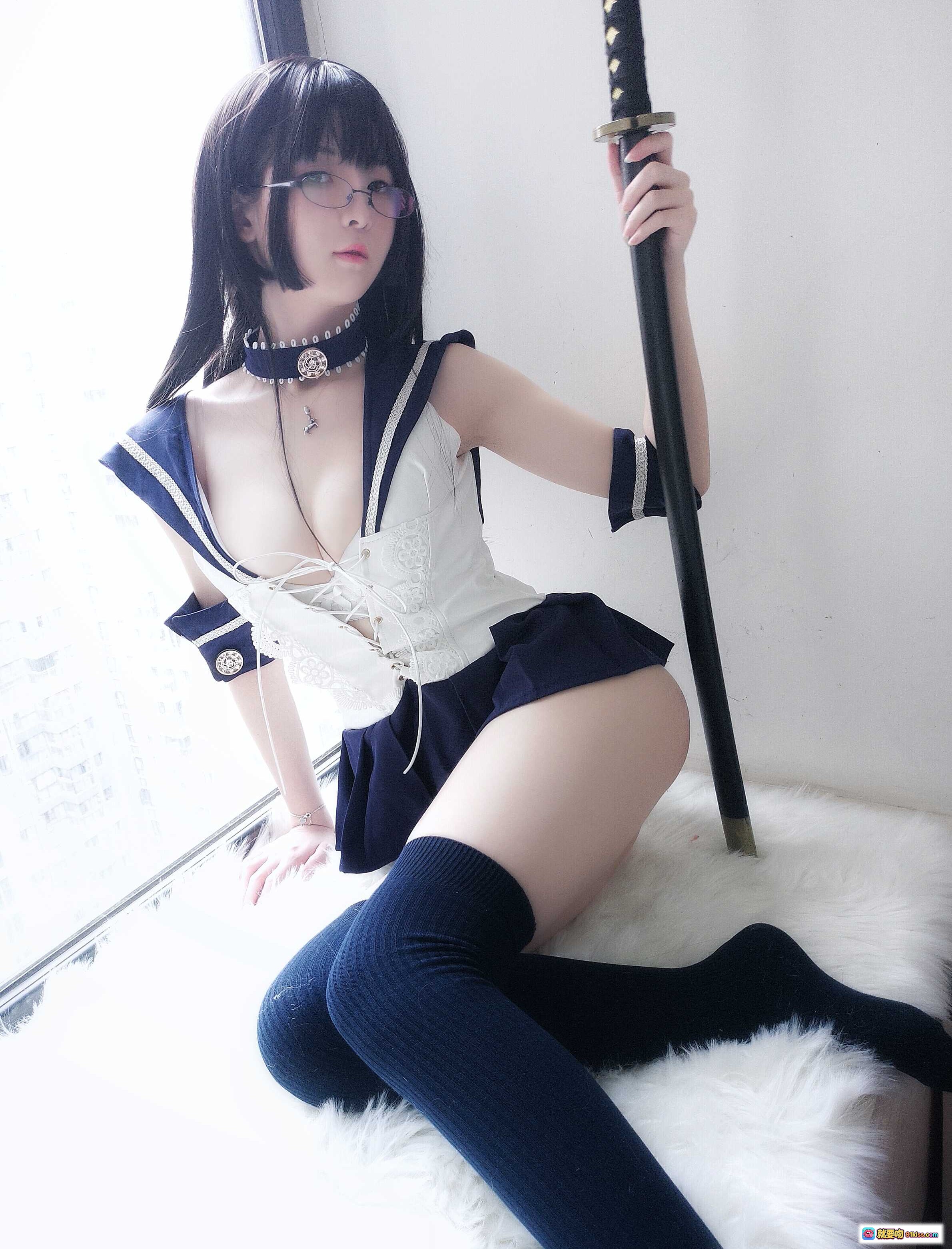 图片[3] - 小央泽NO.028武士刀与水手服cosplay写真 20P高清美图 黑发眼镜少女海军风制服诱惑 - 就要吻