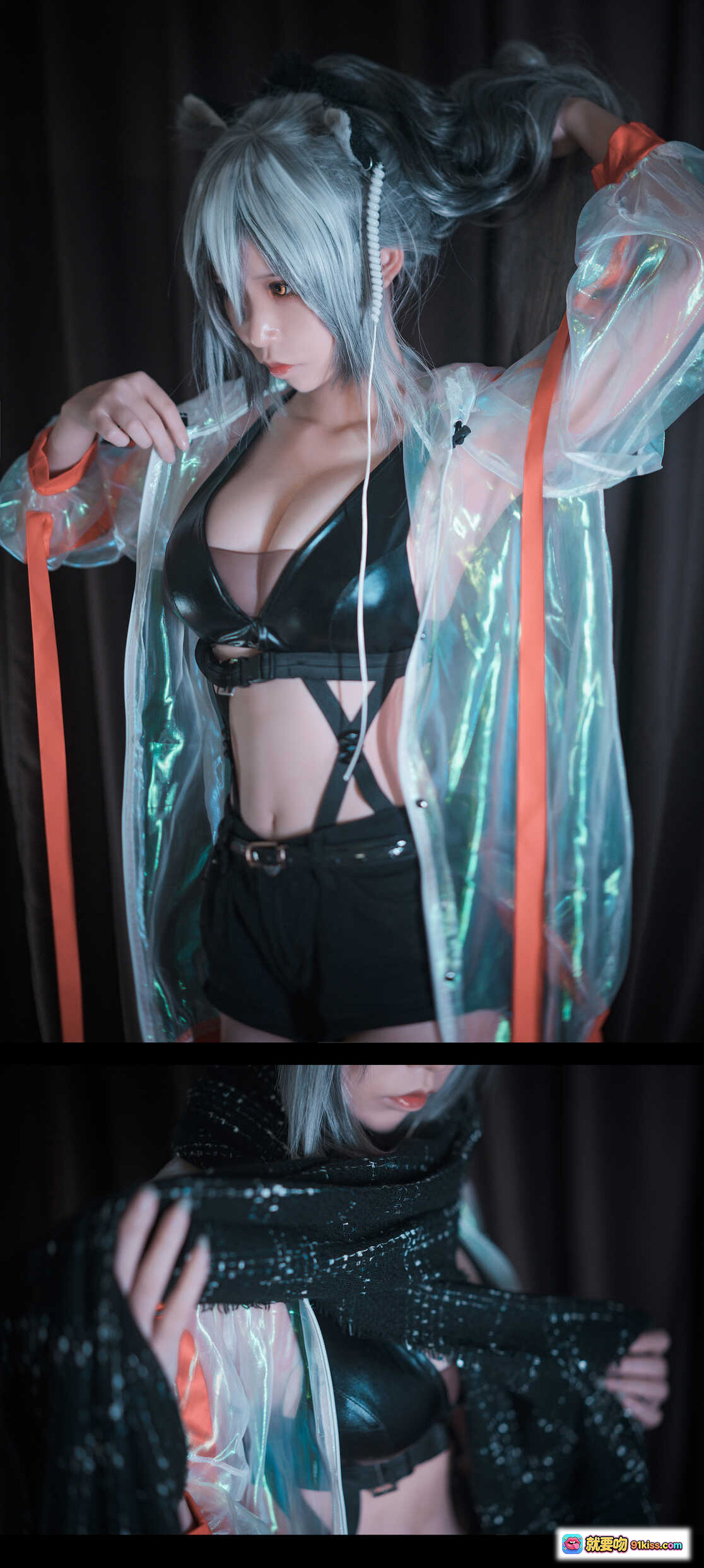 图片[7] - 爱老师明日方舟cosplay夜景街拍｜猫耳银发黑丝短裤透明外套时尚造型 - 就要吻