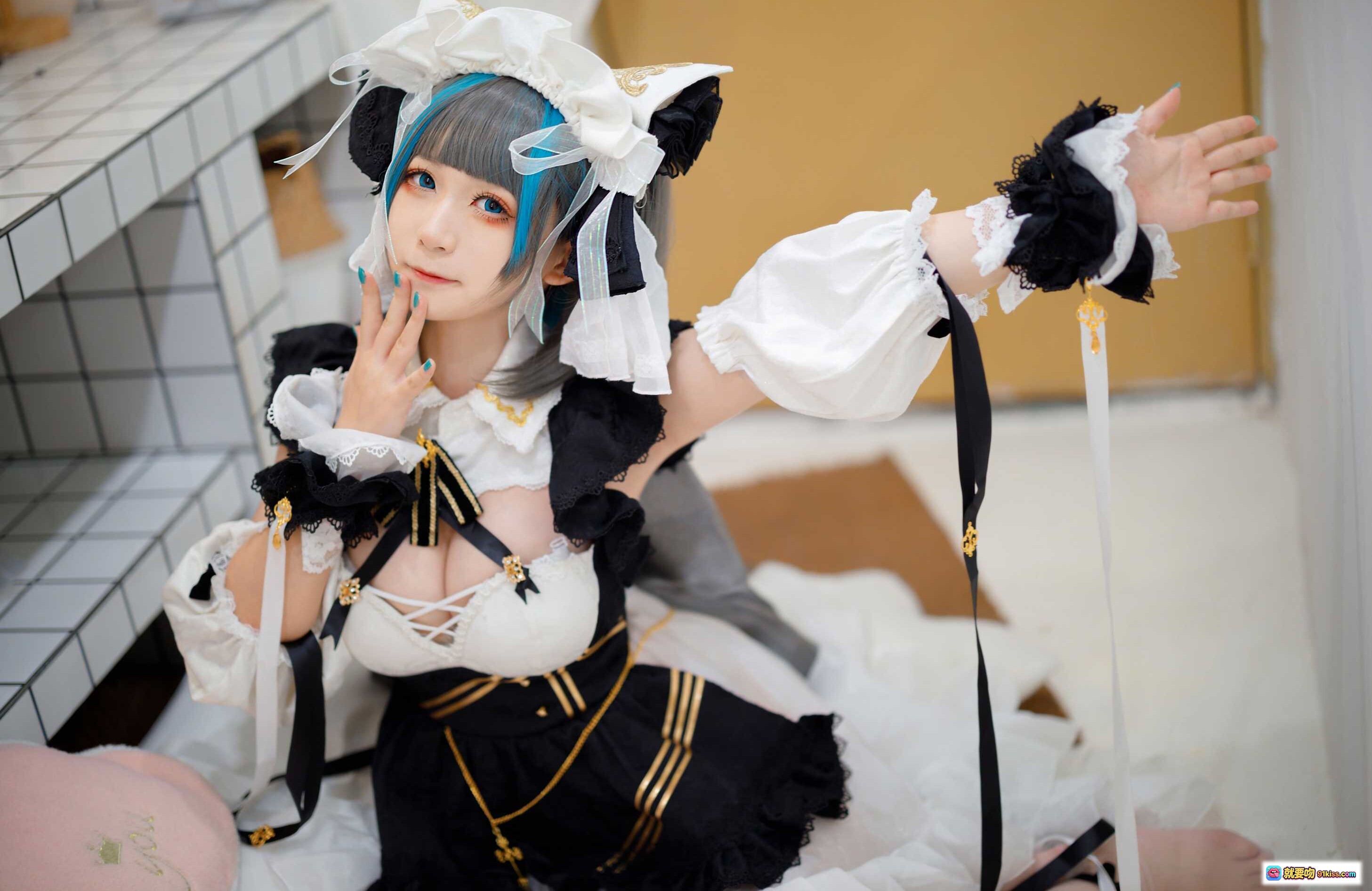 图片[2] - 樱落酱NO.017柴郡女仆装Cosplay写真 甜美蓝发少女手持甜点 白黑蕾丝洛丽塔风 室内软萌摆拍 28P高清图集 - 就要吻