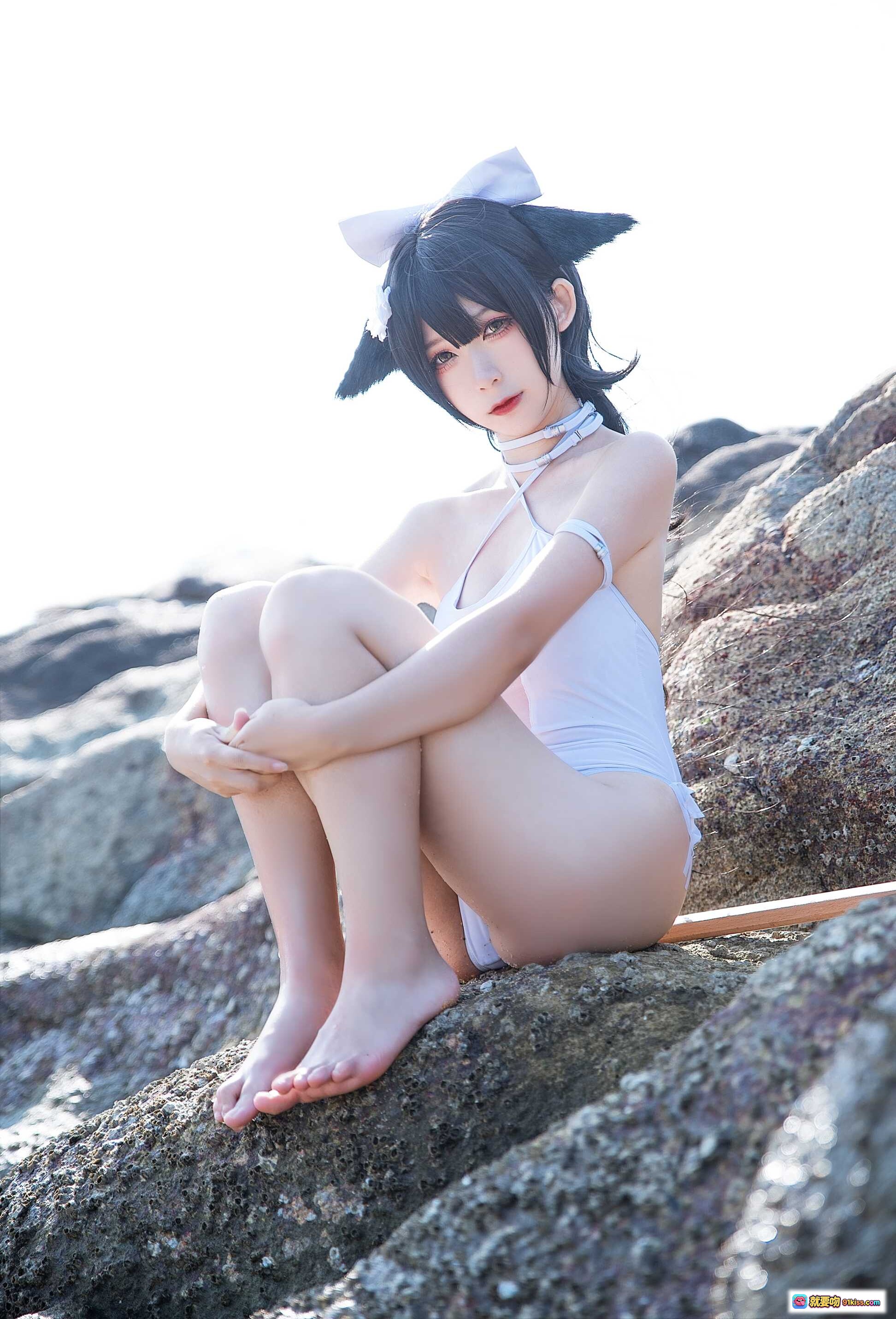 图片[5] - 樱落酱NO.002高雄泳装写真｜白色连体比基尼+猫耳发饰海边性感COSPLAY美拍 - 就要吻