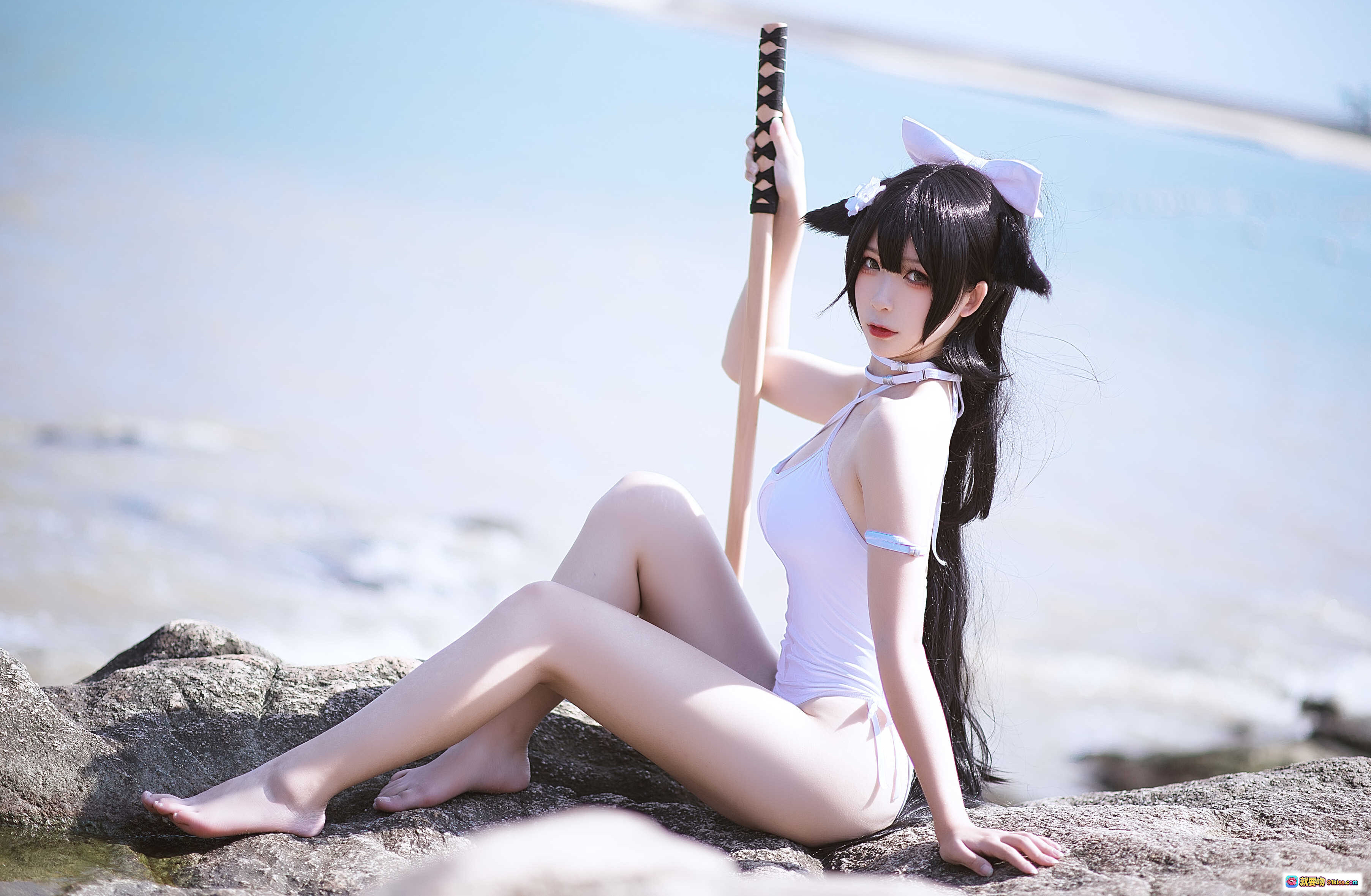 图片[8] - 樱落酱NO.002高雄泳装写真｜白色连体比基尼+猫耳发饰海边性感COSPLAY美拍 - 就要吻