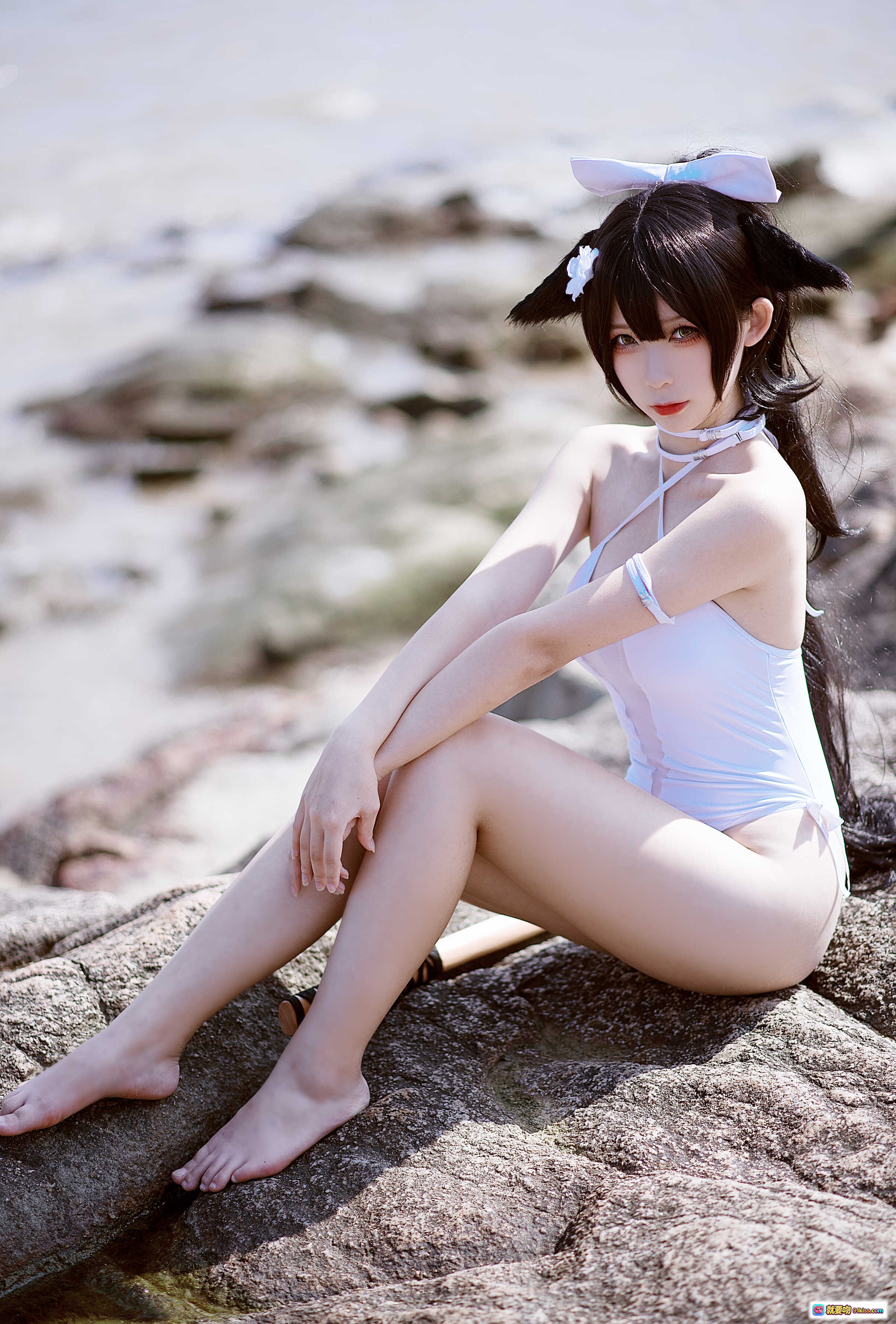 图片[7] - 樱落酱NO.002高雄泳装写真｜白色连体比基尼+猫耳发饰海边性感COSPLAY美拍 - 就要吻