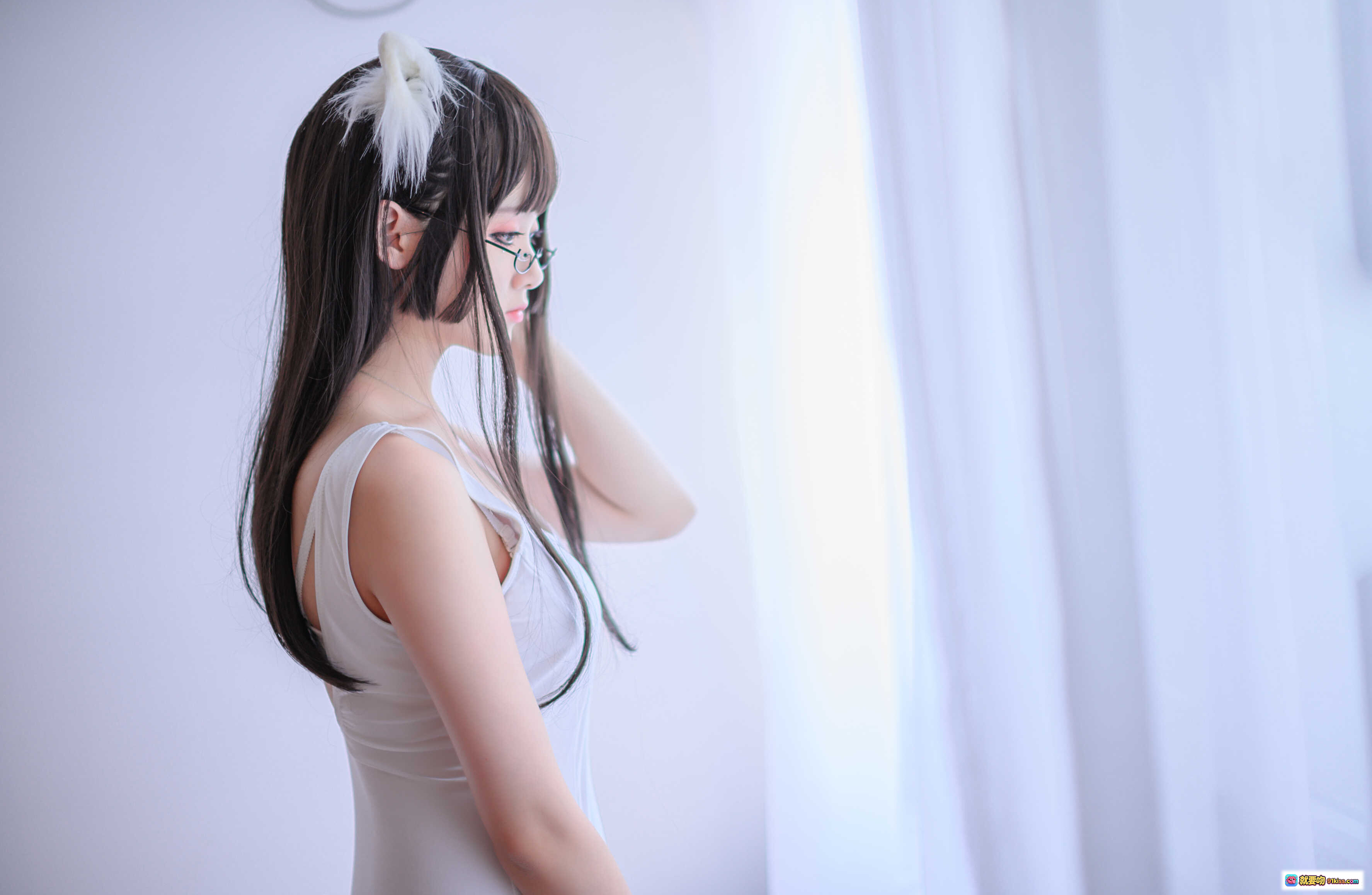 图片[6] - 秋楚楚死库水写真｜白猫耳眼镜少女｜纯欲风白色连体衣｜性感美腿丝袜｜40P高清图集 - 就要吻