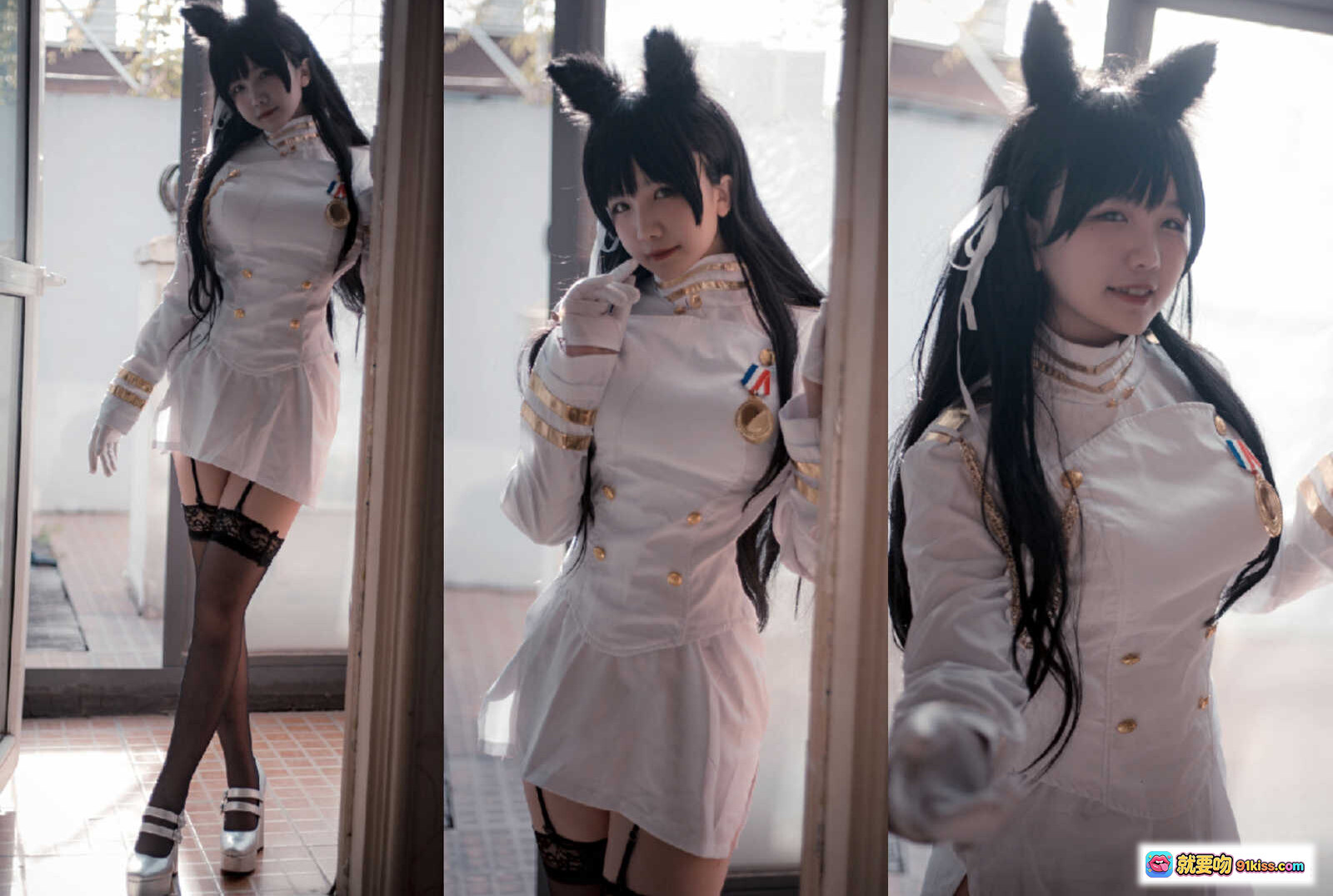 图片[9] - 阿半COS爱宕超萌兔耳制服写真 NO.004 白色军装风少女微笑伸手窗边光影美拍 - 就要吻