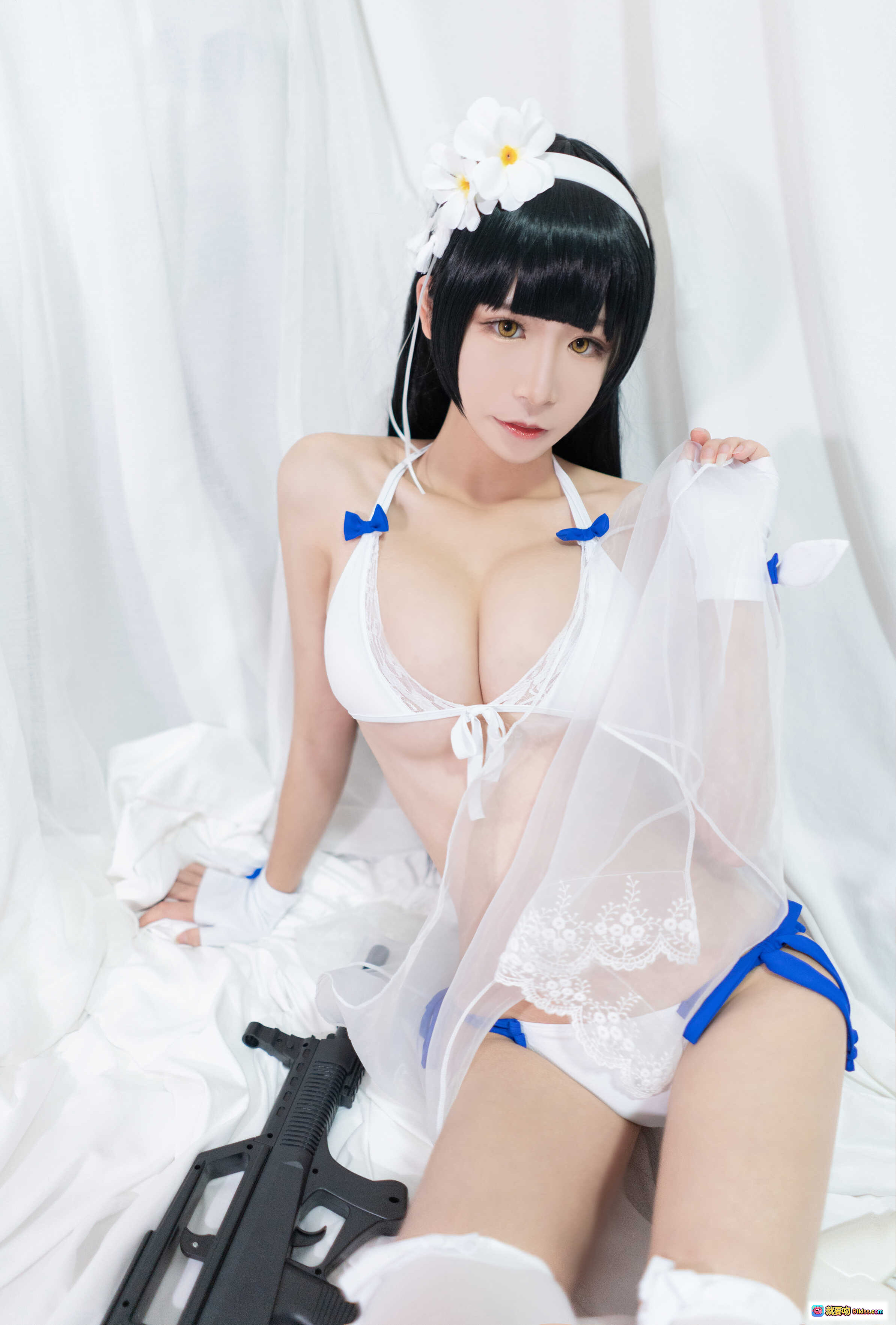 图片[3] - 爱老师95式泳装cosplay写真 – 白色蕾丝透视装+蓝色蝴蝶结+花朵发饰+纯欲风美少女 - 就要吻