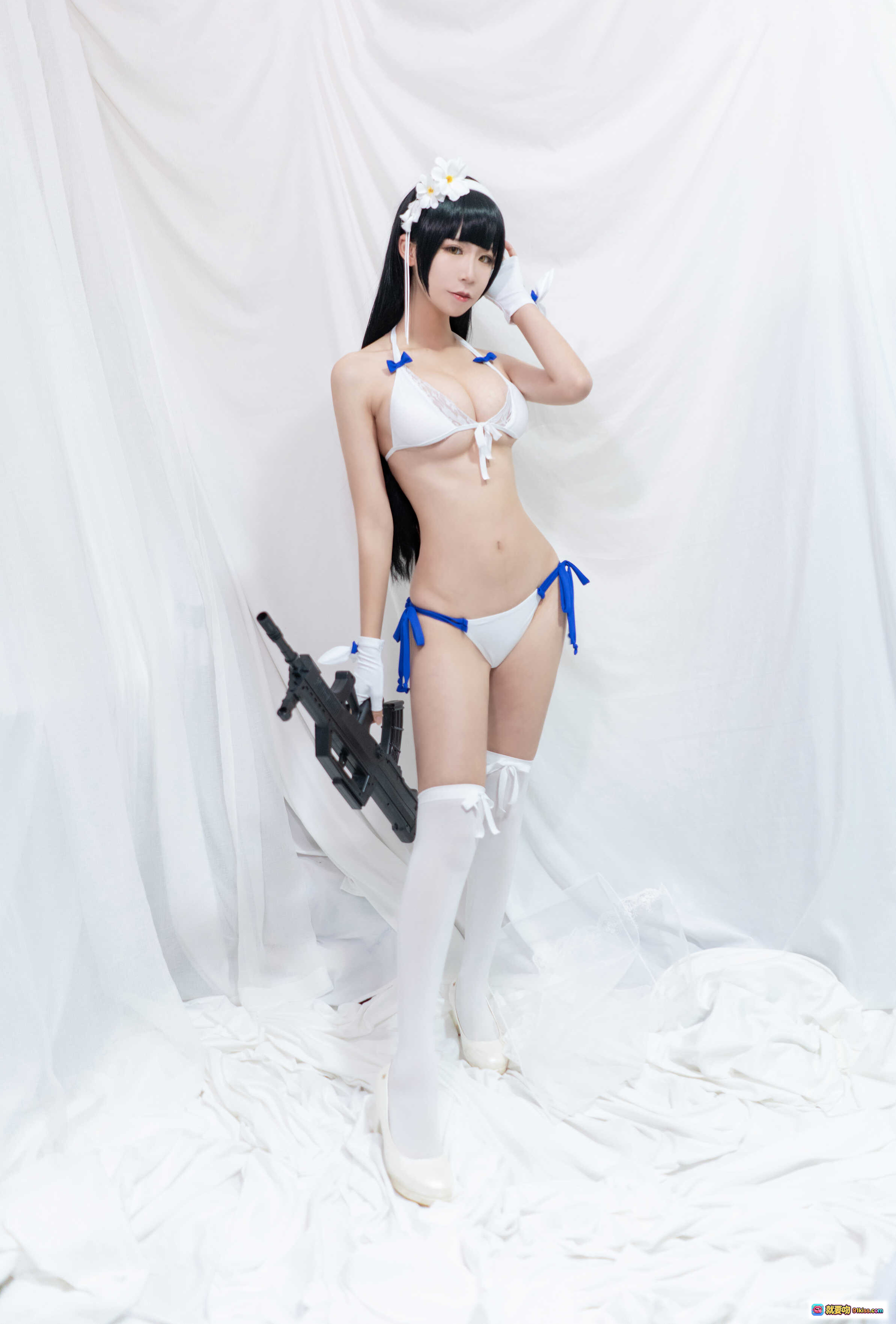 图片[7] - 爱老师95式泳装cosplay写真 – 白色蕾丝透视装+蓝色蝴蝶结+花朵发饰+纯欲风美少女 - 就要吻