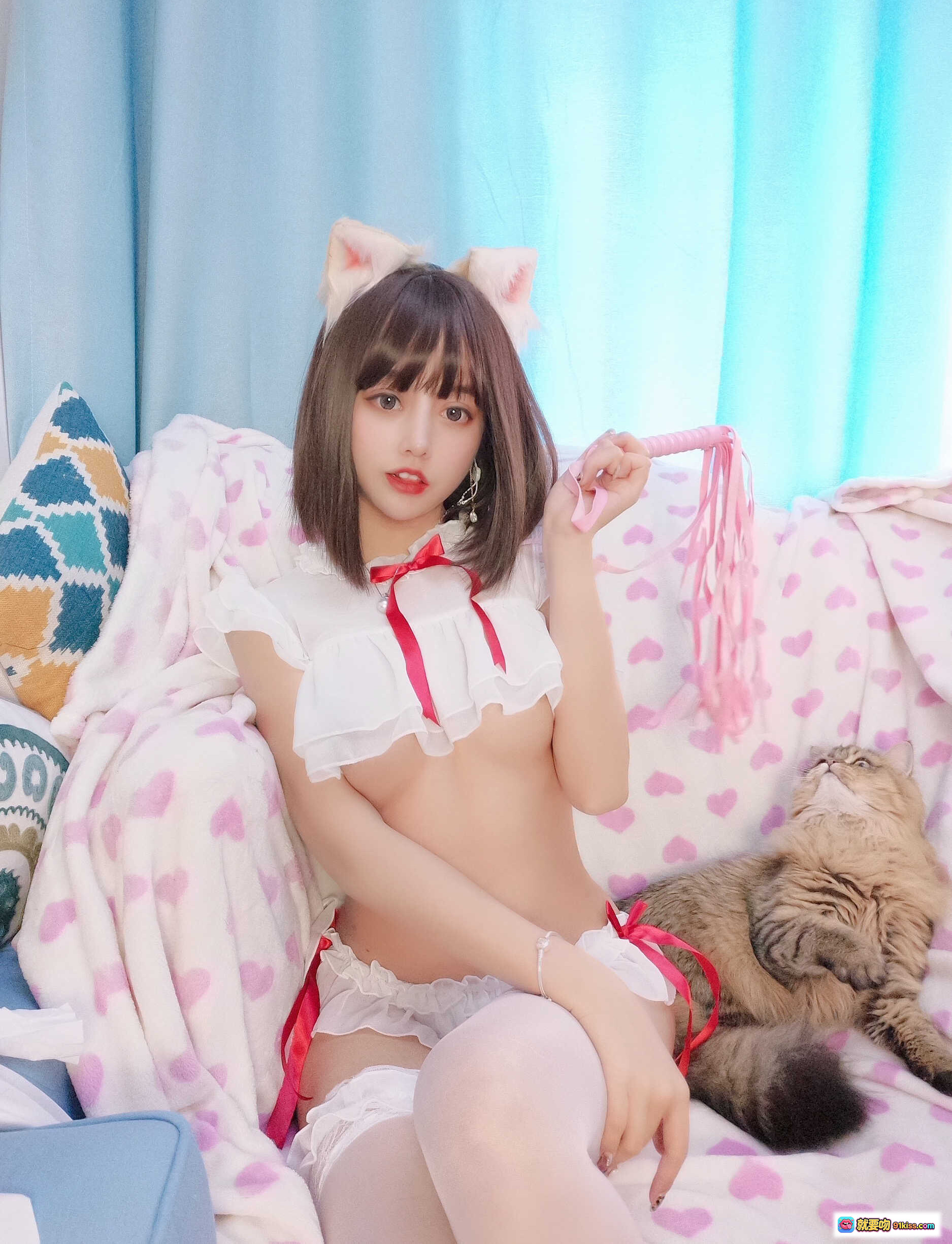 图片[10] - 过期米线线喵026兽耳少女粉色SM写真｜猫耳白裙蕾丝袜甜美诱惑14P高清图集 - 就要吻