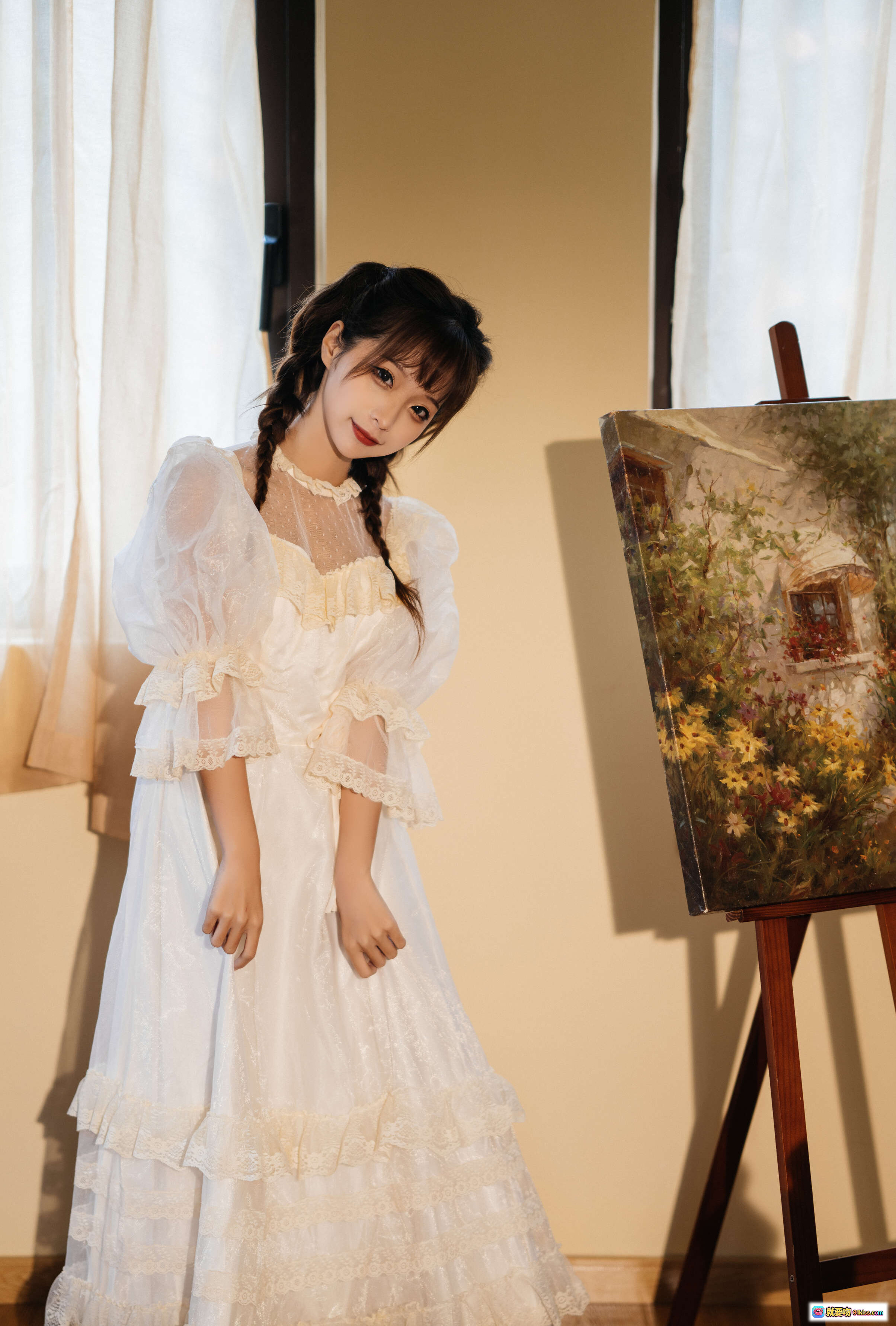 图片[2] - 蠢沫沫NO.111古着写真｜白色蕾丝长裙少女手持向日葵｜暖光室内复古风人像摄影 - 就要吻