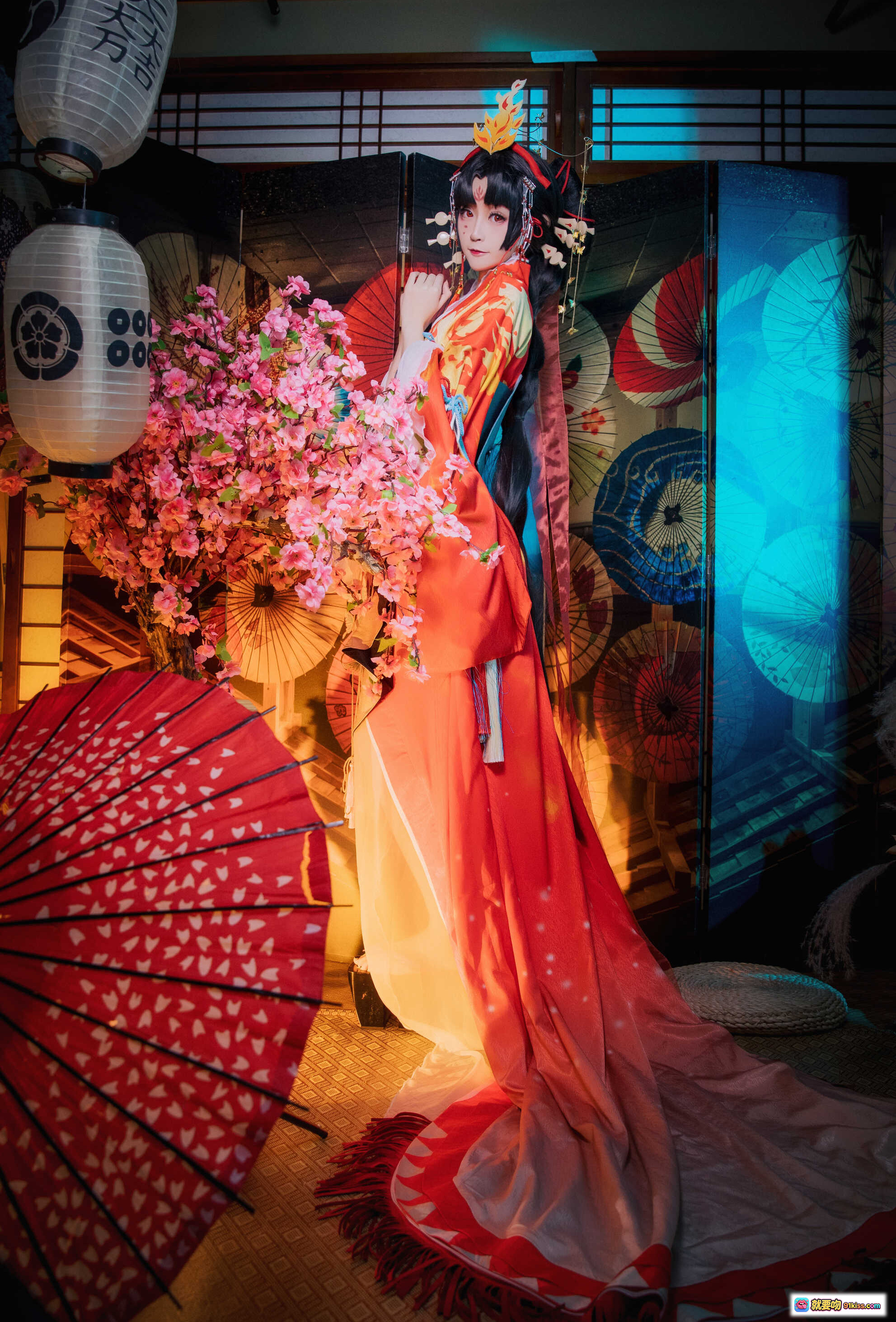 图片[8] - yui金鱼NO.021蝶步韶华和风写真｜红橙和服少女·樱花伞灯·日式屏风布景·古风Cosplay美图集 - 就要吻