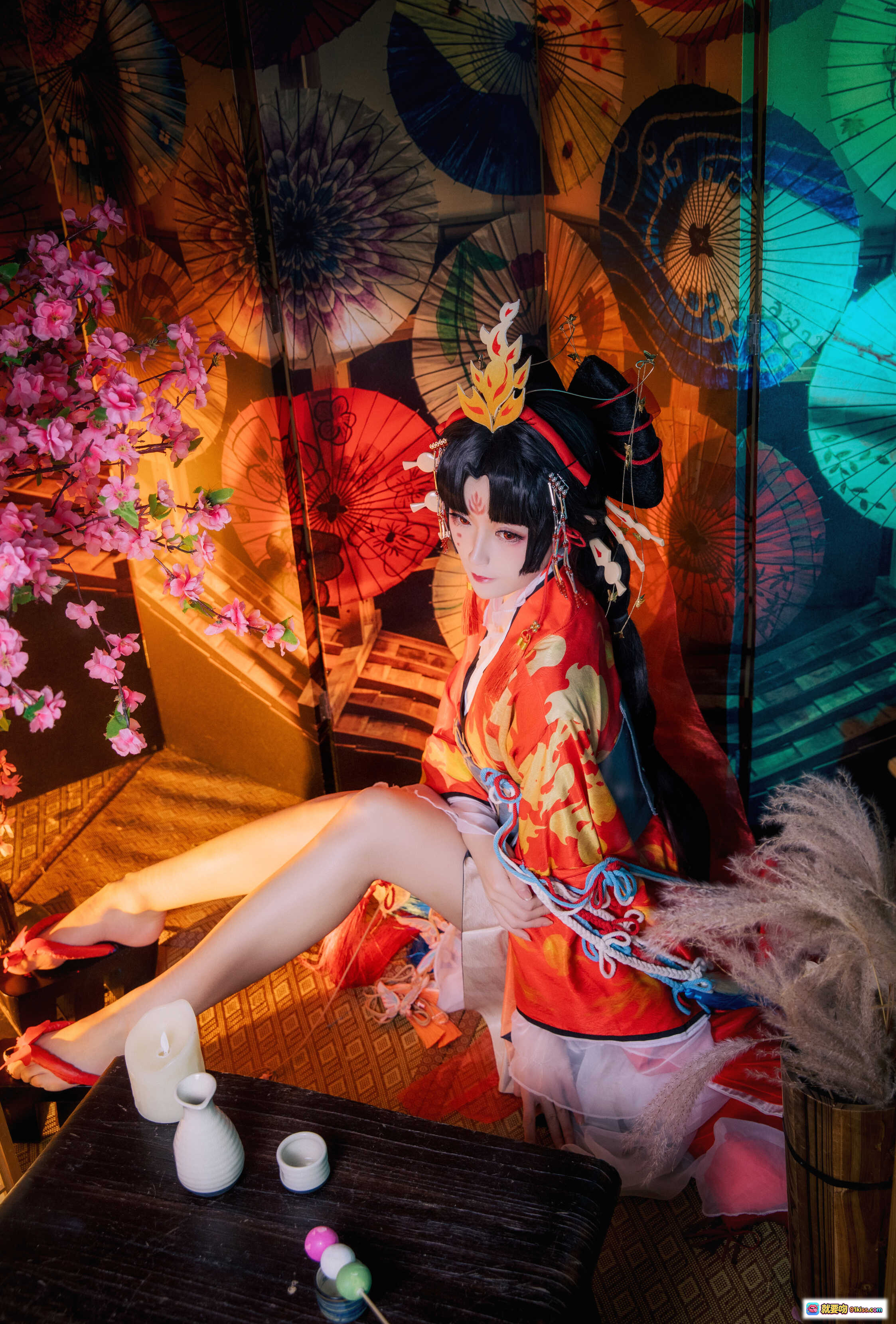 图片[4] - yui金鱼NO.021蝶步韶华和风写真｜红橙和服少女·樱花伞灯·日式屏风布景·古风Cosplay美图集 - 就要吻