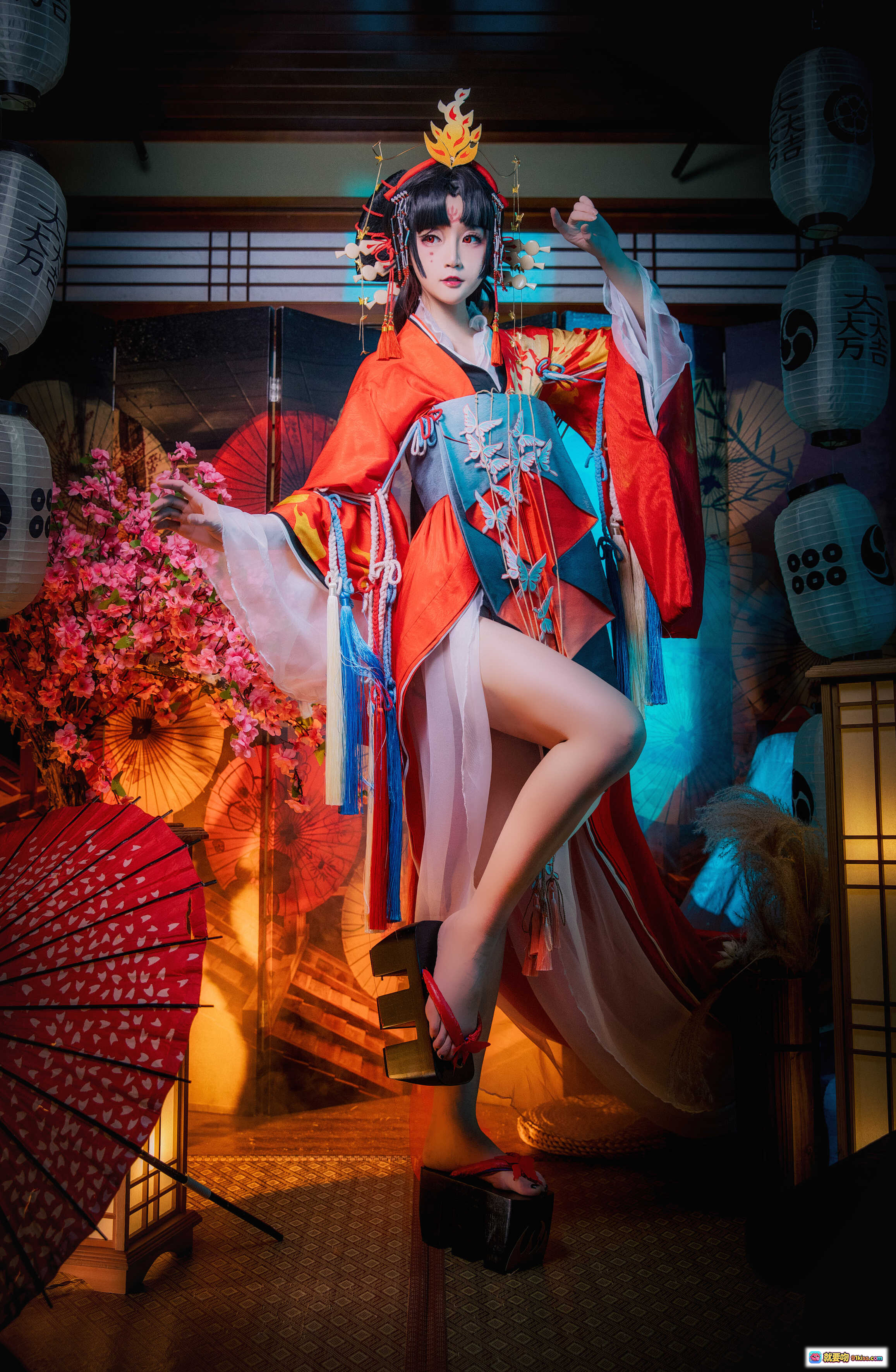 图片[9] - yui金鱼NO.021蝶步韶华和风写真｜红橙和服少女·樱花伞灯·日式屏风布景·古风Cosplay美图集 - 就要吻
