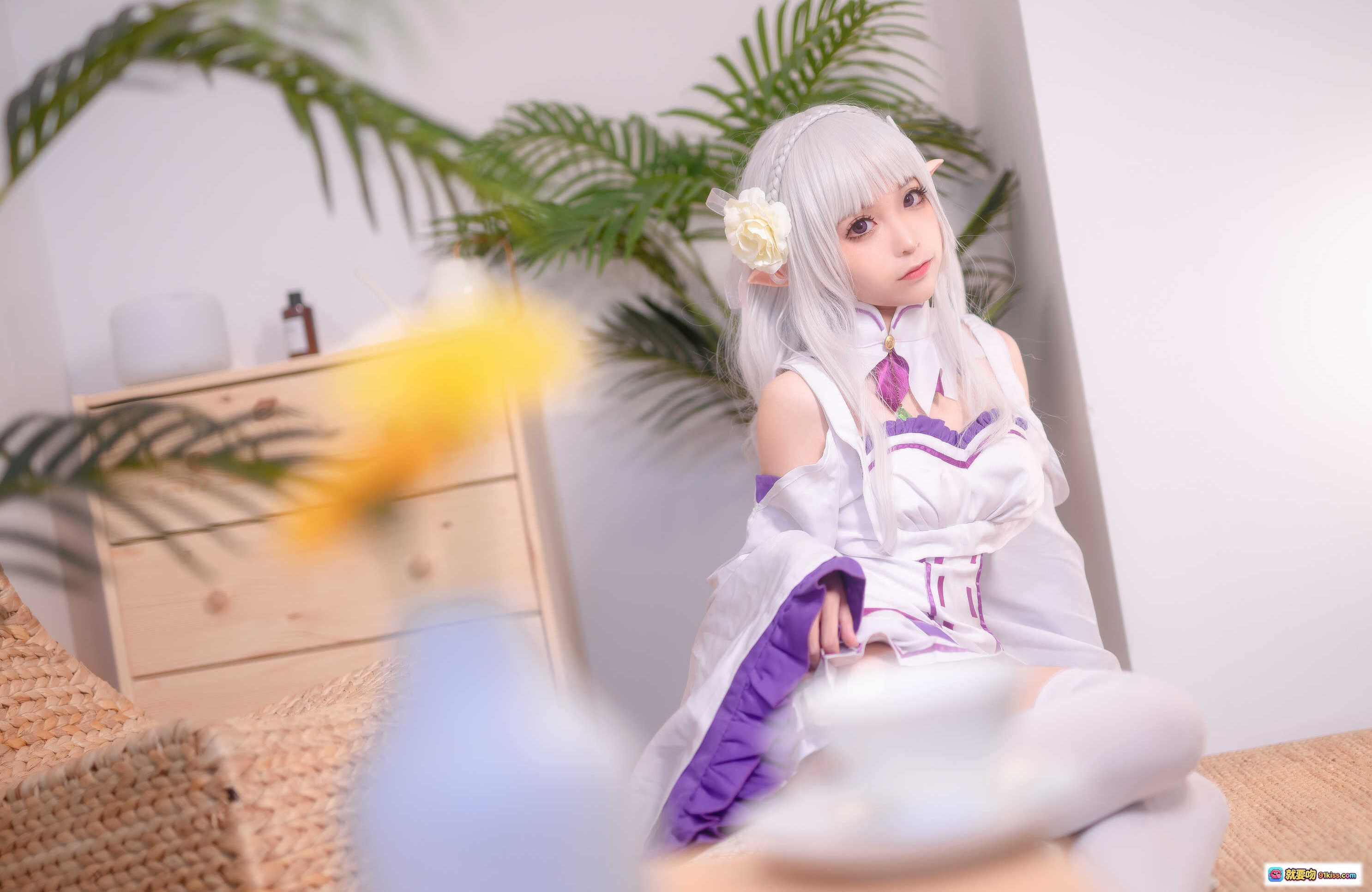 图片[5] - 蠢沫沫NO.004艾米利亚cos写真 白发精灵耳紫白裙装 甜美少女风室内拍摄 46P高清图集 - 就要吻