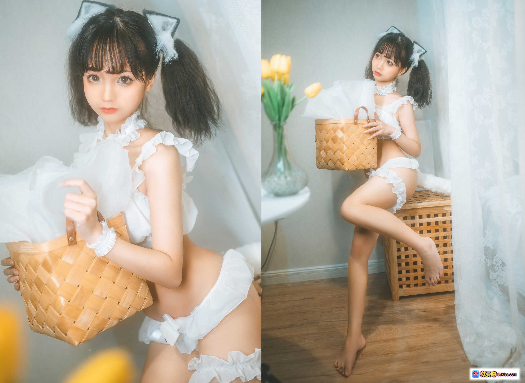 图片[1] - 蠢沫沫NO.031私房写真84P861MB 白色蕾丝猫耳双马尾 篮子花束清新少女风室内摄影 - 就要吻