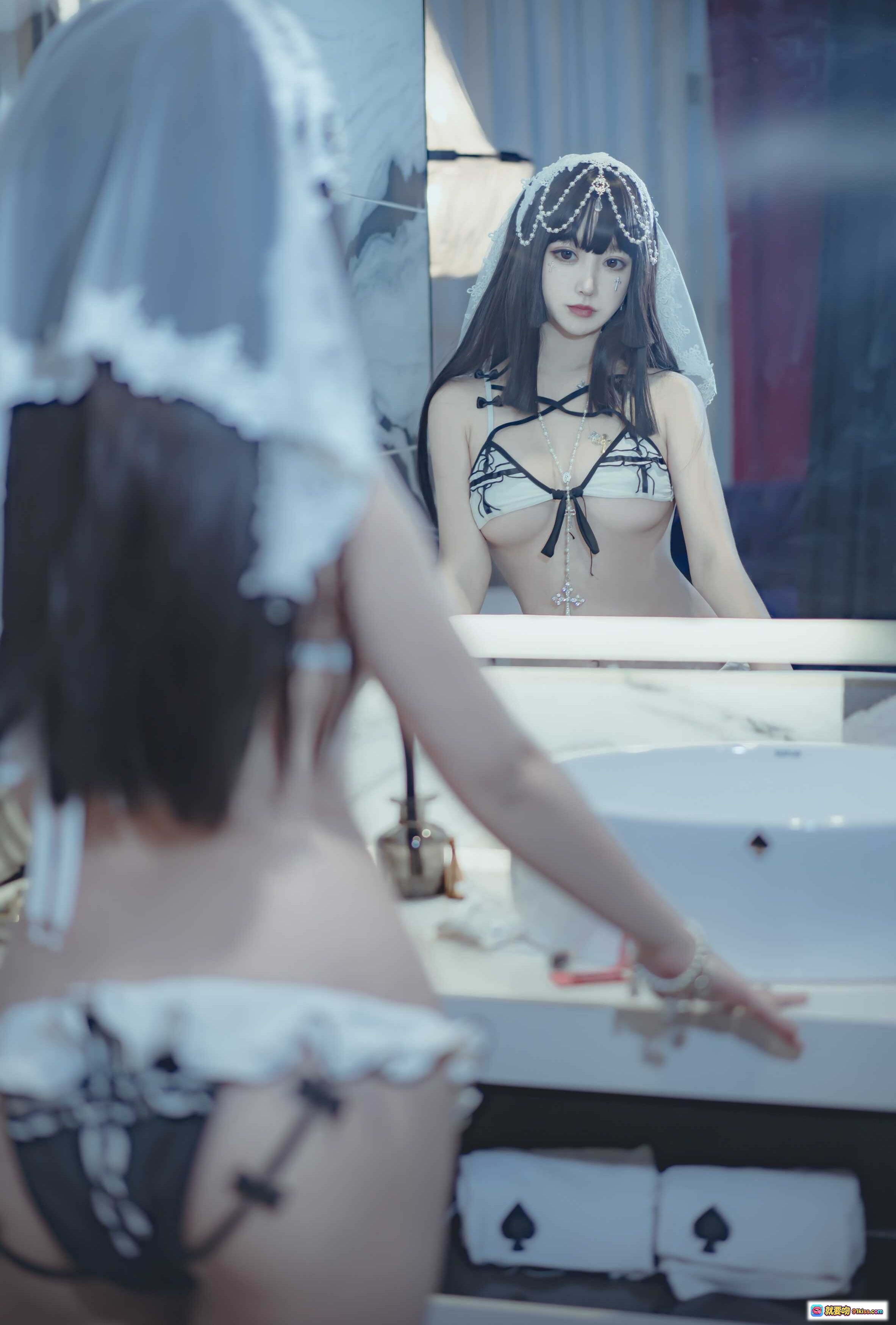 图片[7] - 过期米线线喵088米线修女COS写真 | 白色蕾丝内衣+头纱+珍珠装饰+性感美腿+华丽宫廷风背景 | 53P高清图集 - 就要吻