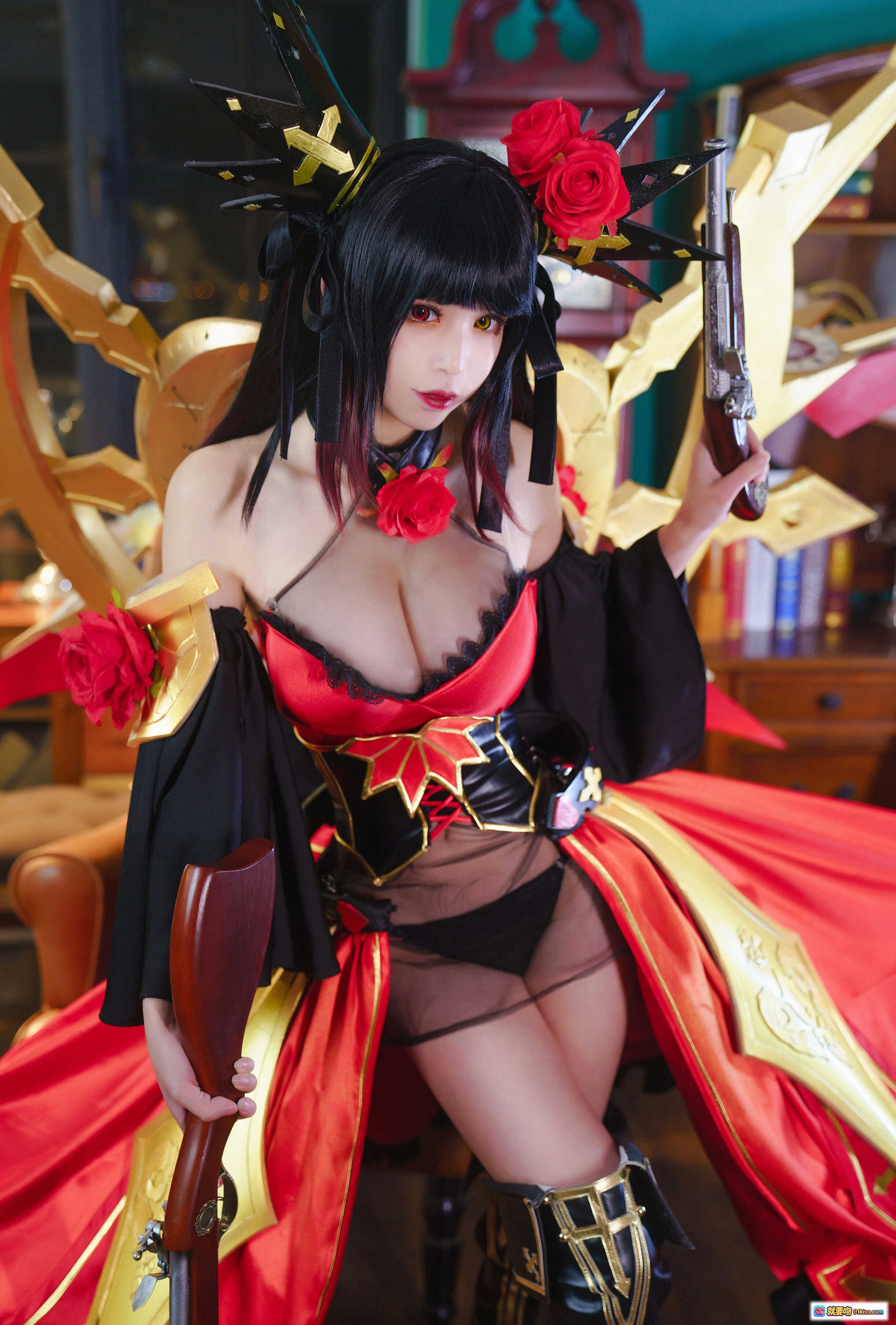 图片[2] - 爱老师约会大作战狂三新皮肤cosplay红黑华丽战服玫瑰装饰双枪造型精致写真 - 就要吻