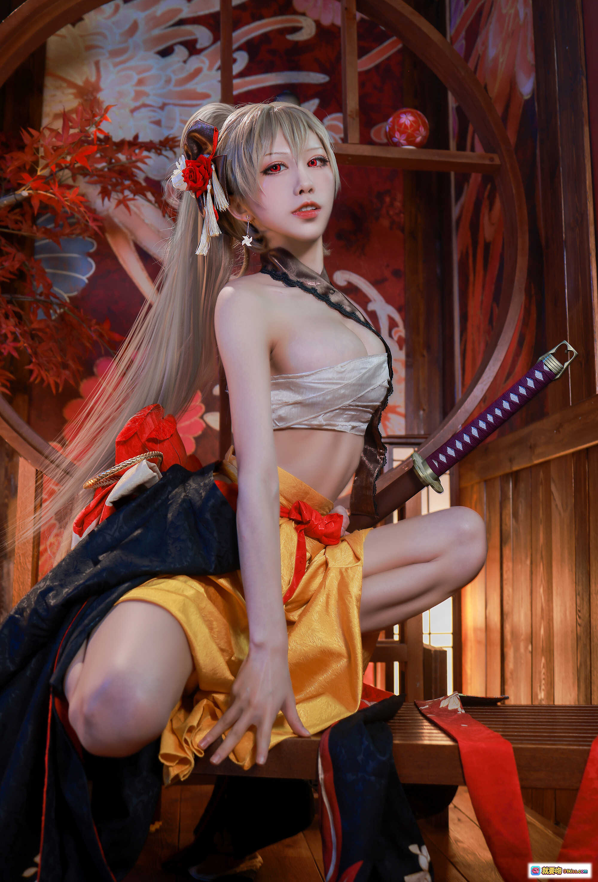 图片[3] - 水淼aqua NO.079新春4套正片让巴尔cos写真·日式和风场景·红叶背景·和服造型·持扇坐姿·精致妆发·高质感摄影 - 就要吻