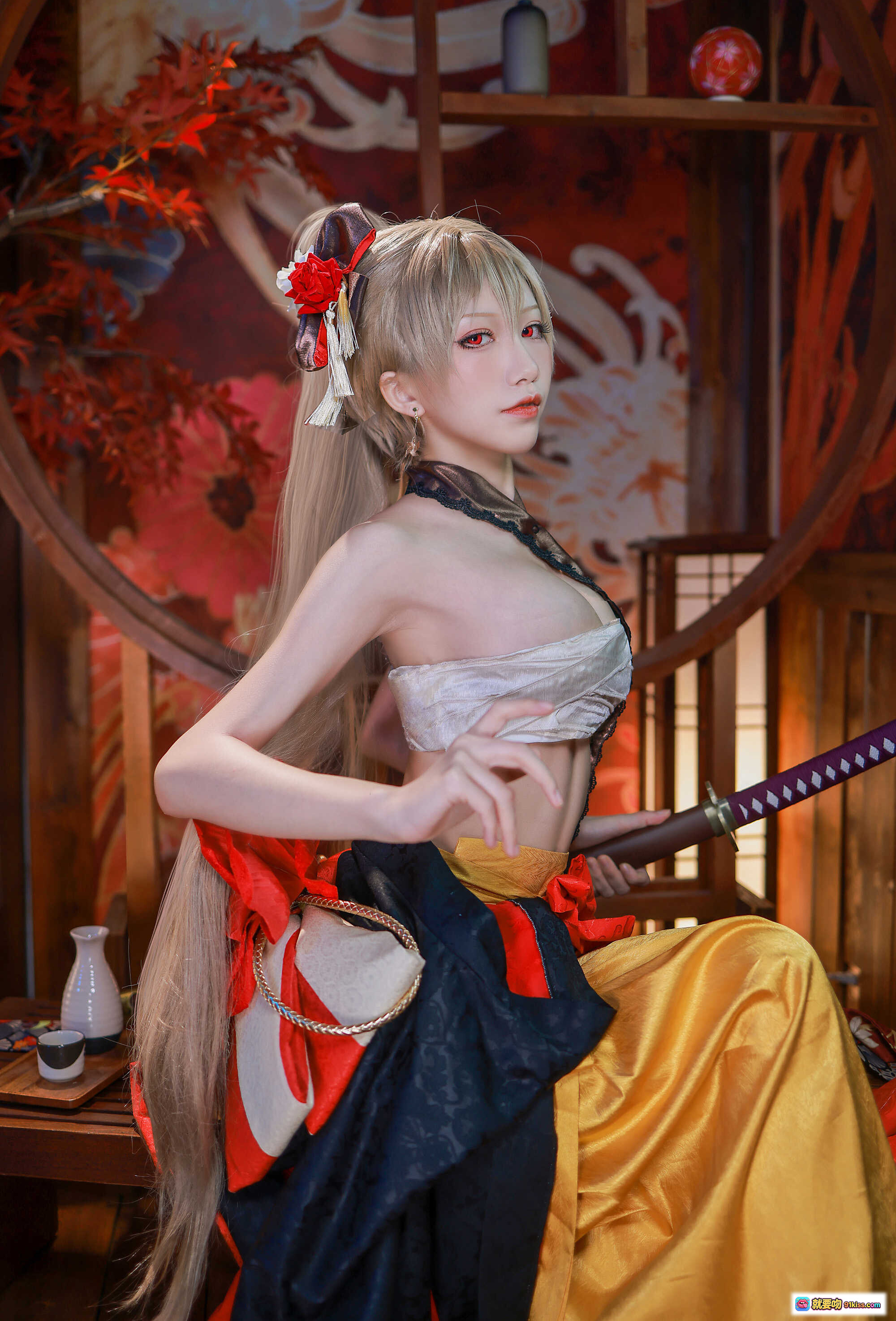 图片[4] - 水淼aqua NO.079新春4套正片让巴尔cos写真·日式和风场景·红叶背景·和服造型·持扇坐姿·精致妆发·高质感摄影 - 就要吻