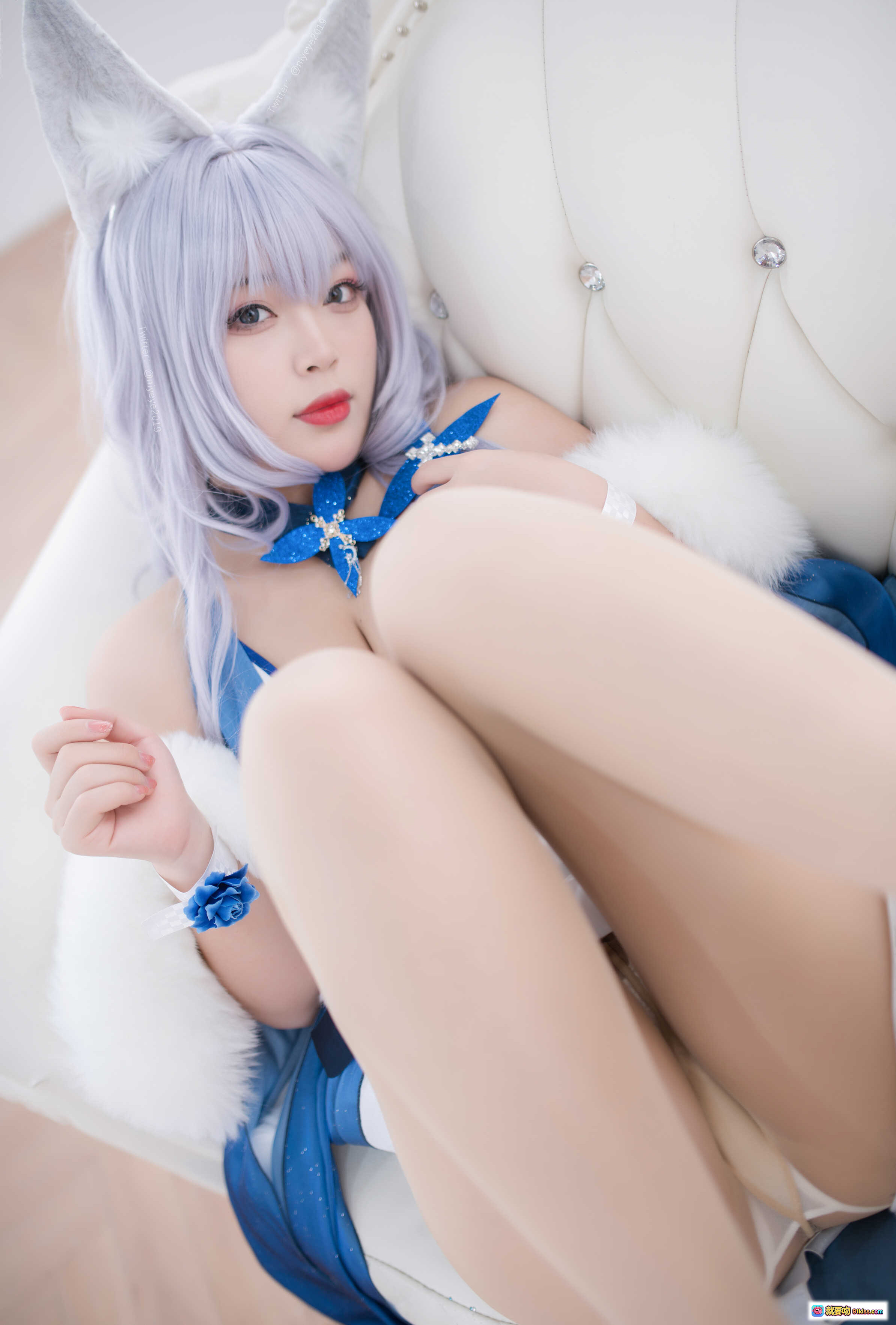 图片[6] - 白烨VOL.030信浓睡衣诱惑Cosplay写真｜银发狐耳蓝裙蝴蝶结美腿高跟少女风 - 就要吻