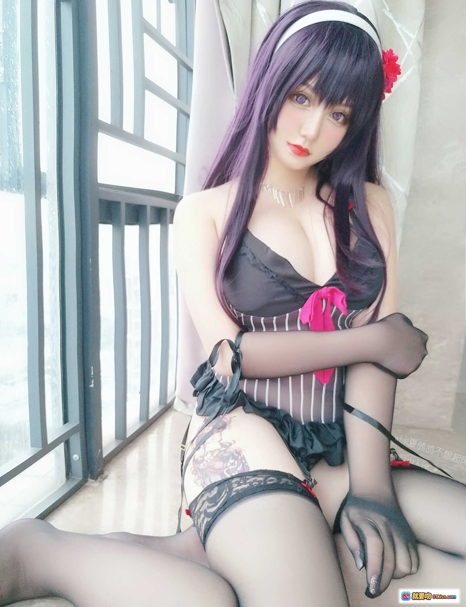 图片[4] - 夏鸽鸽cos霞之丘诗羽浴缸写真｜黑丝美腿+花饰发带+性感内衣+日系动漫角色扮演 - 就要吻