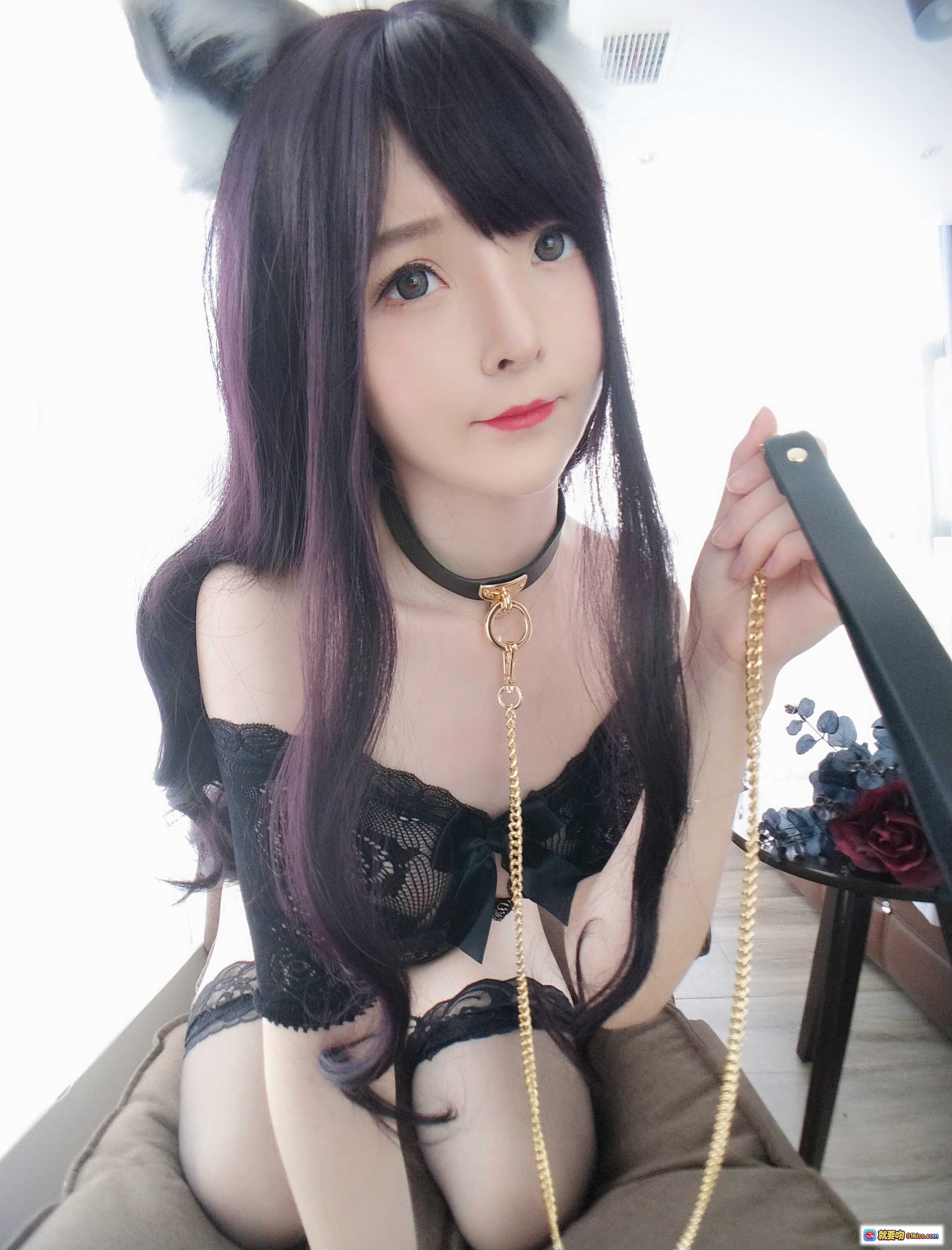 小央泽NO.046黑狐姐姐cos写真 黑色蕾丝内衣+狐耳狐尾+颈链吊坠+美腿丝袜 80P高清图集 - 就要吻