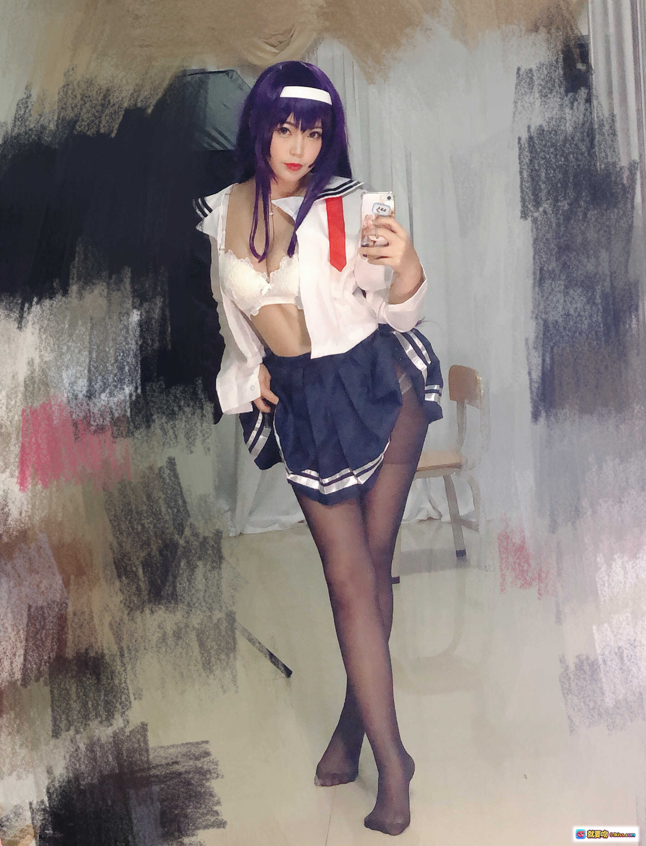 图片[2] - 白烨Vol.019紫发学姐校服自拍写真 白衬衫蕾丝内衣黑丝短裙美腿镜前自拍性感可爱风 - 就要吻