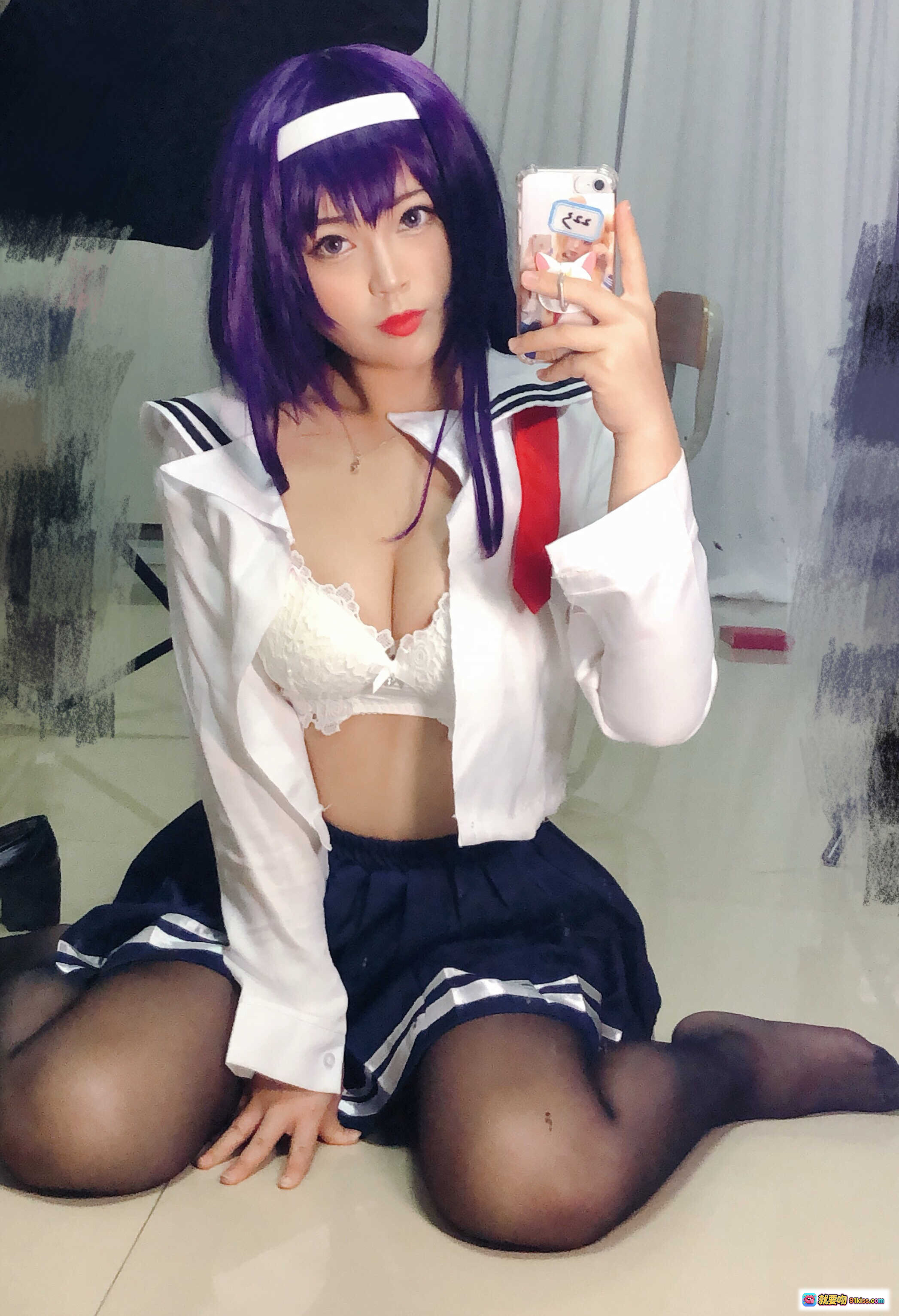 图片[9] - 白烨Vol.019紫发学姐校服自拍写真 白衬衫蕾丝内衣黑丝短裙美腿镜前自拍性感可爱风 - 就要吻