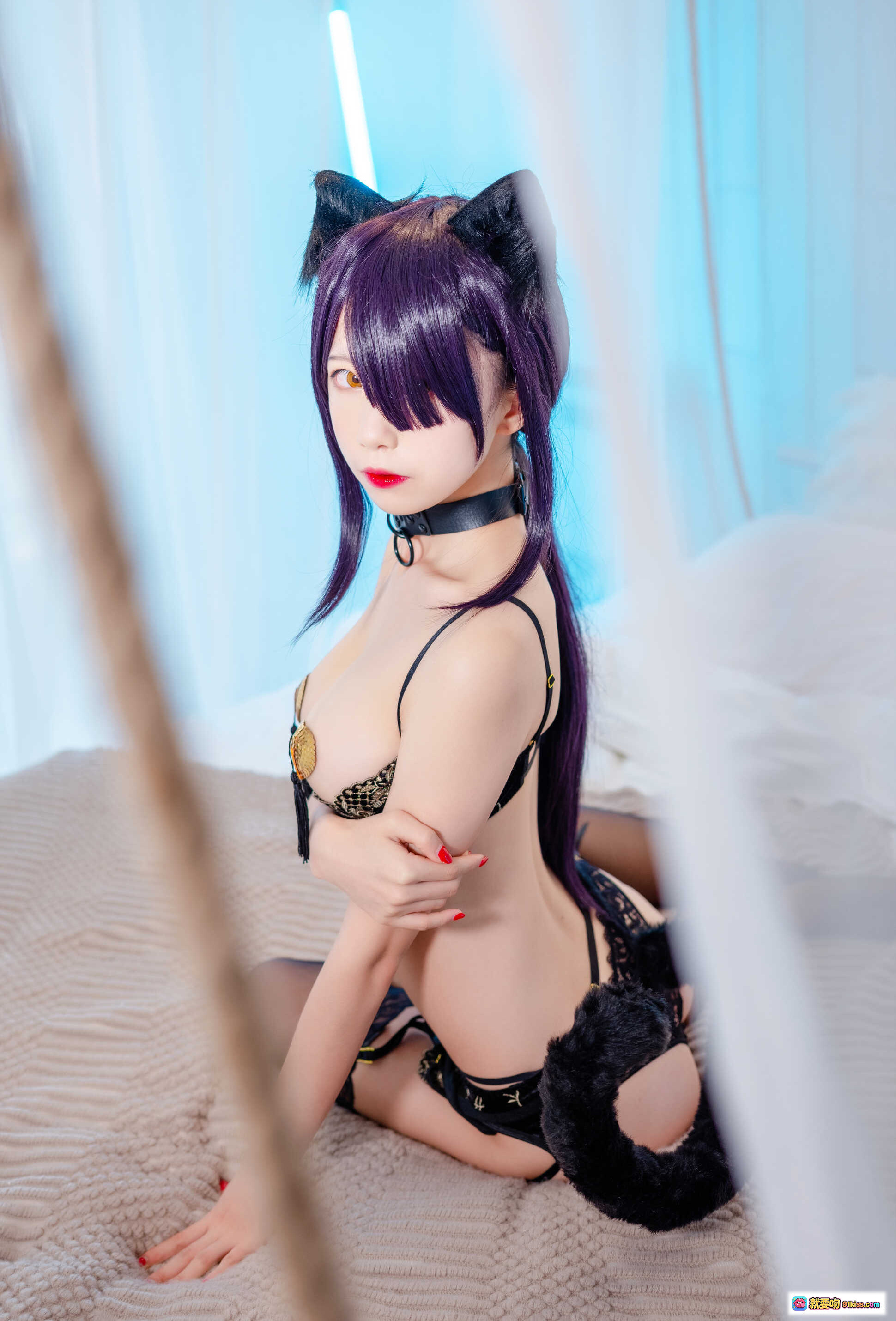 图片[1] - 水淼aqua NO.009 黑猫Cosplay写真 紫发猫耳蕾丝内衣性感私房照 30P高清图集 - 就要吻