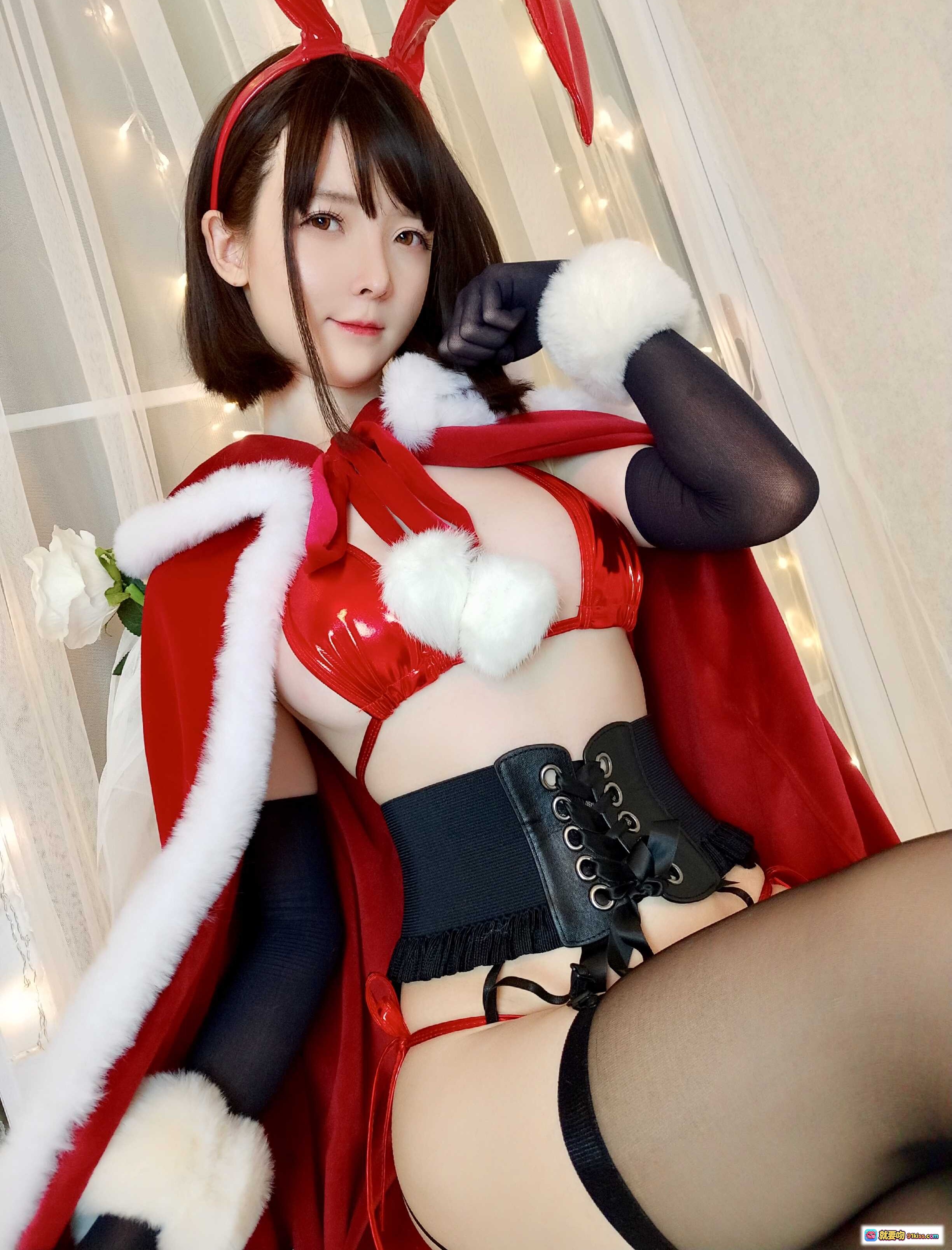 图片[6] - 小央泽NO.037圣诞兔女郎写真｜红白毛绒外套+兔耳发箍+黑色丝袜美腿+性感内衣造型 - 就要吻