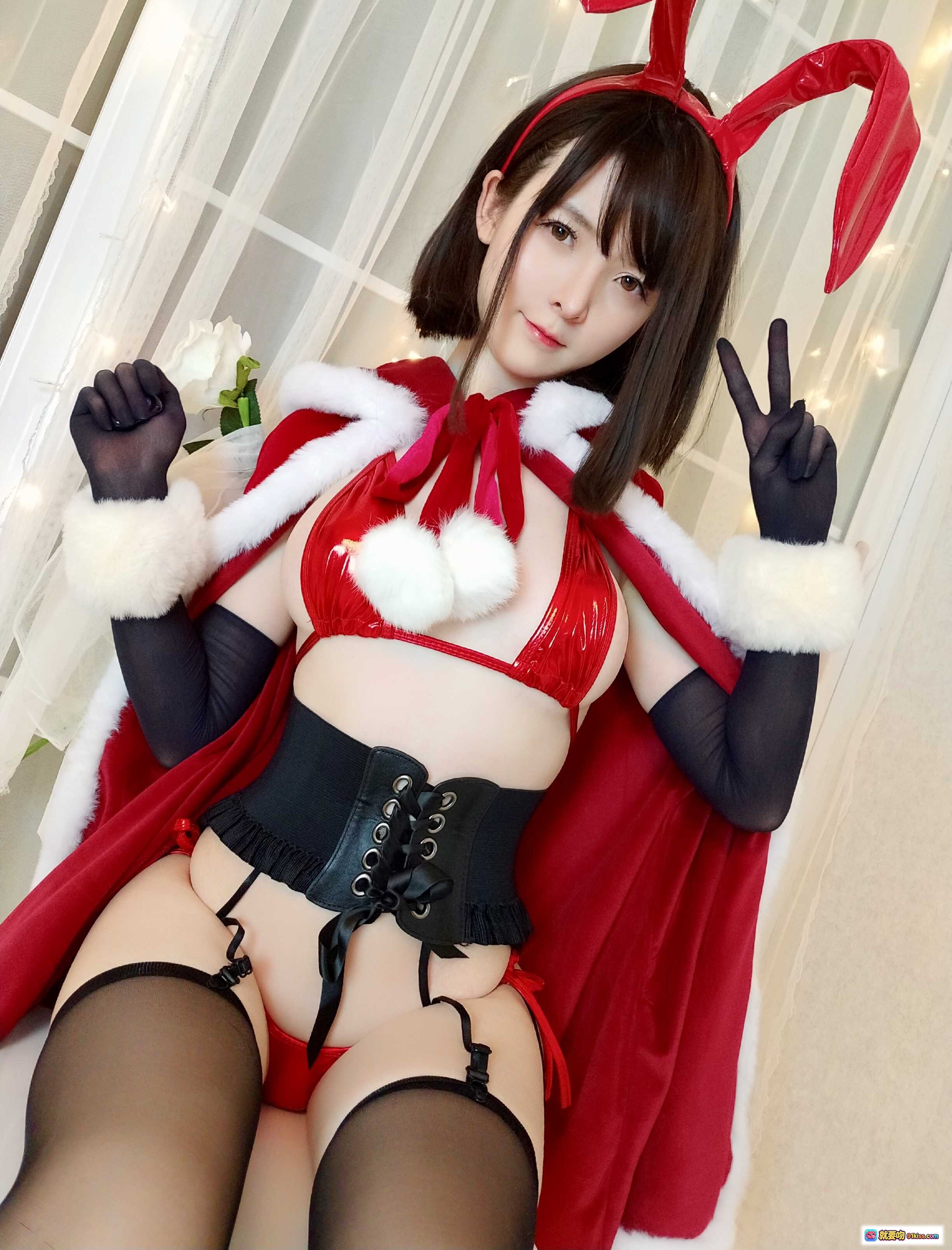 图片[8] - 小央泽NO.037圣诞兔女郎写真｜红白毛绒外套+兔耳发箍+黑色丝袜美腿+性感内衣造型 - 就要吻