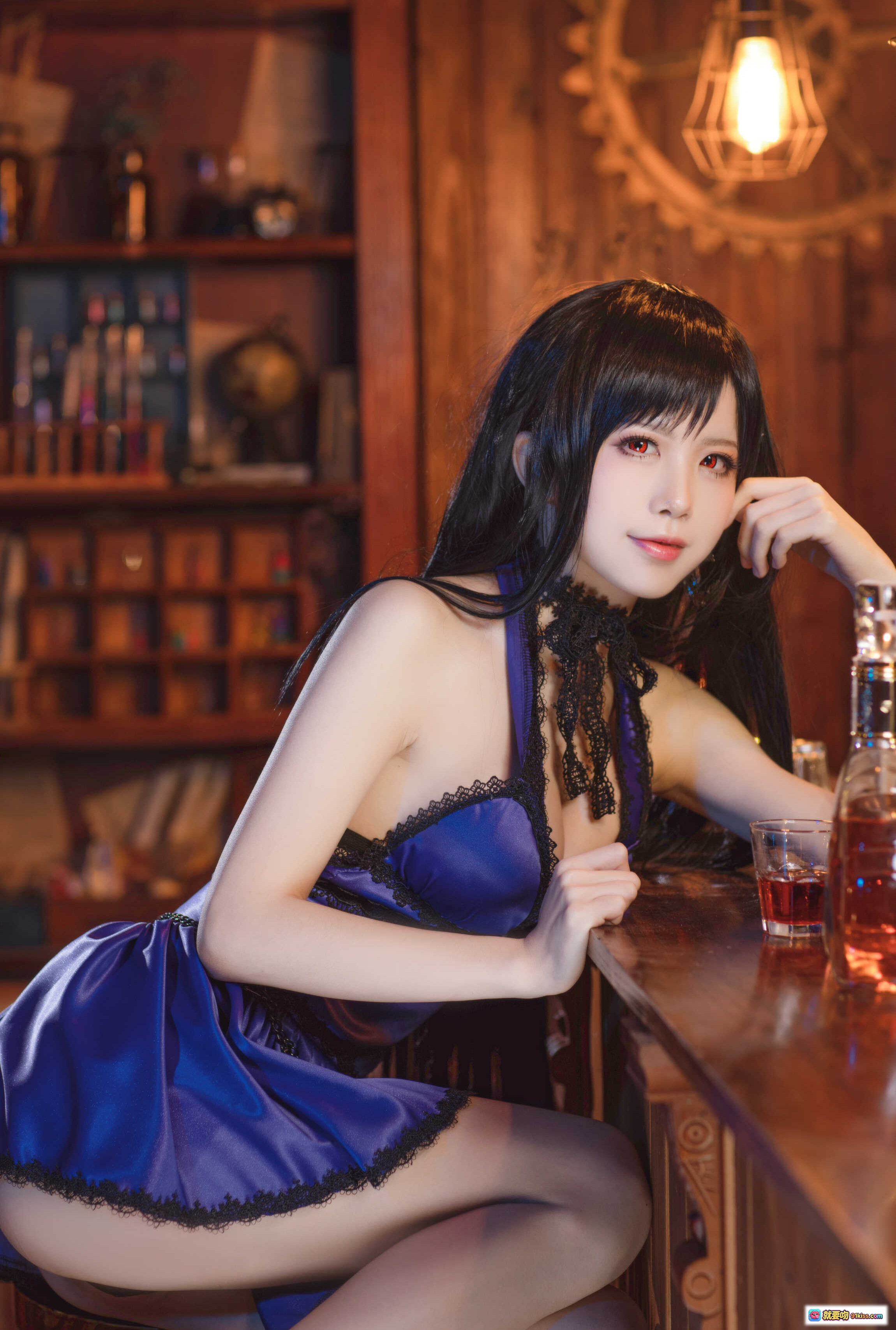 图片[3] - 水淼aqua NO.041 蒂法旗袍礼服写真｜深蓝蕾丝性感造型｜书架背景Cosplay美图40P - 就要吻