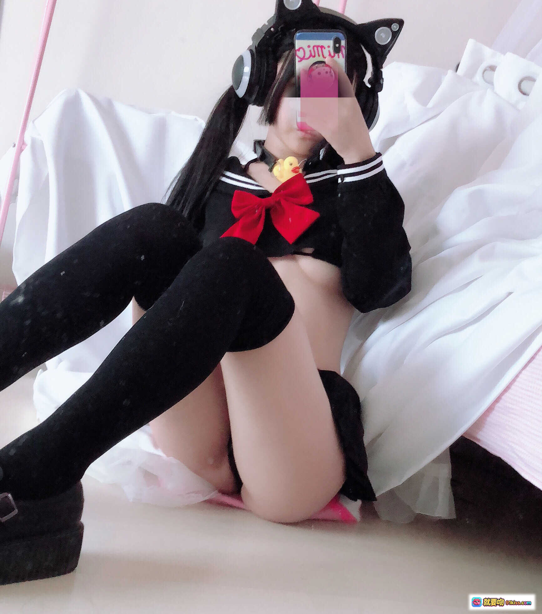 图片[3] - 桜井宁宁NO.017半乳制服cosplay猫耳耳机黑红水手服露脐短裙过膝袜私房写真70P - 就要吻