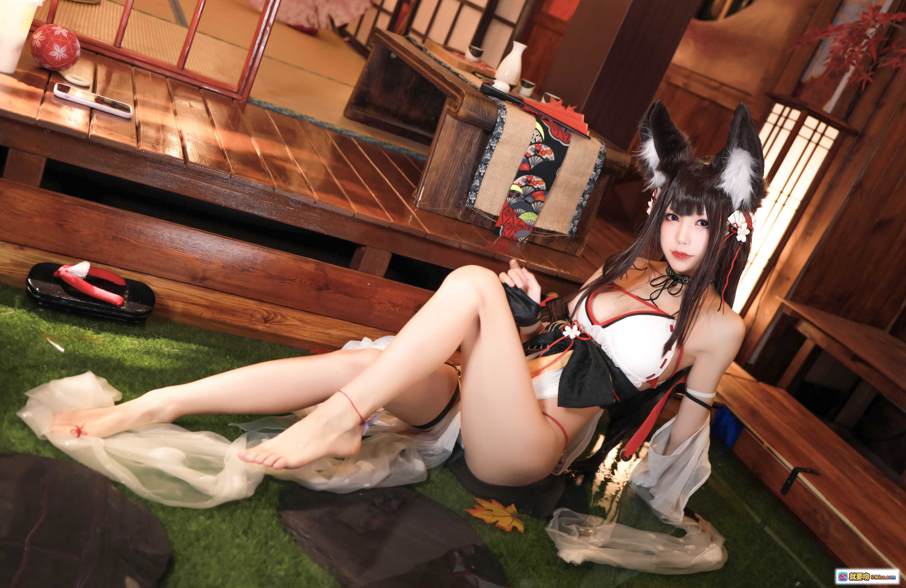 图片[5] - 水淼Aqua NO.066天成Cosplay写真 | 狐耳少女和风造型 | 红白战衣持扇坐姿 | 日式庭院背景 | 45P高清图集 - 就要吻