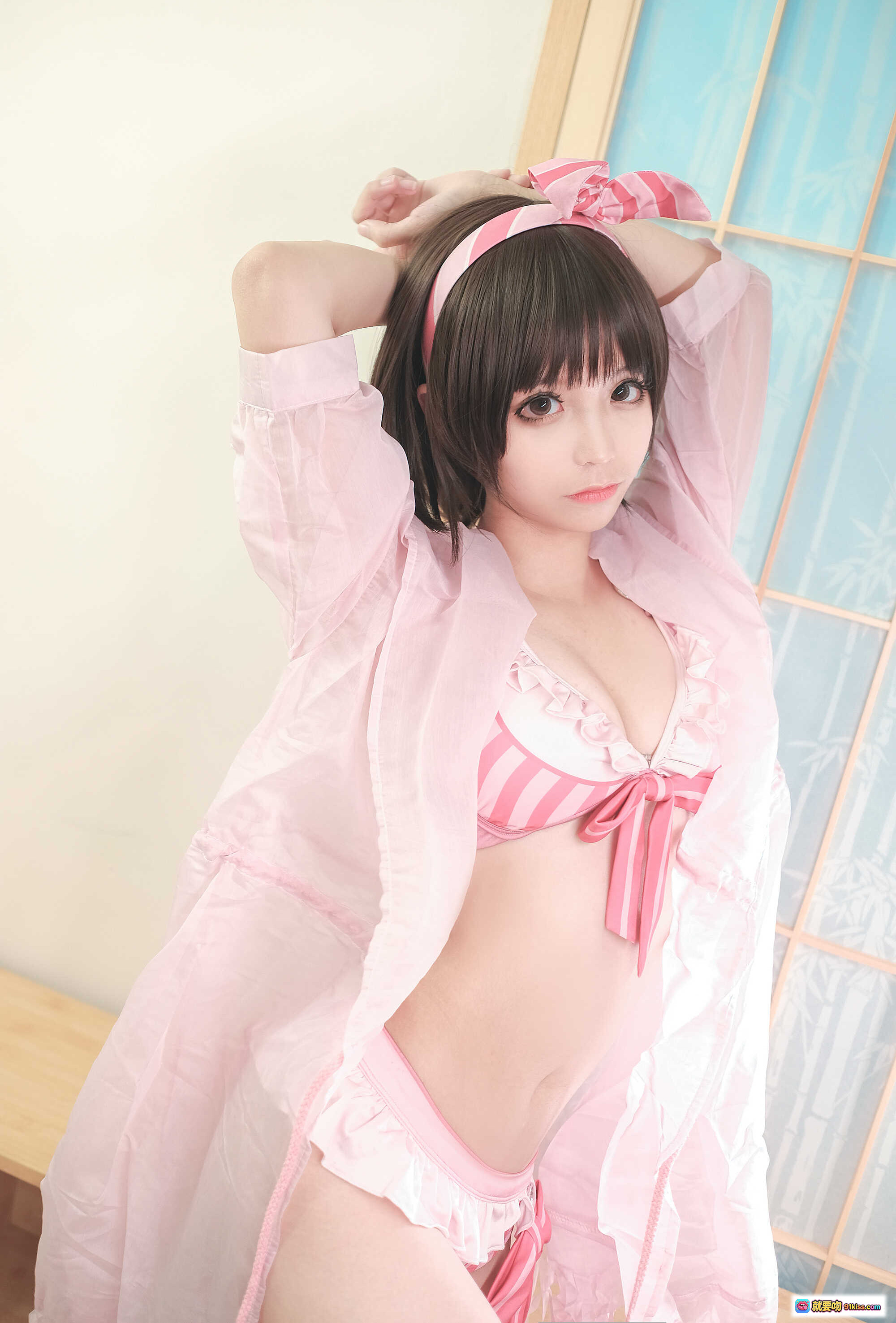 图片[10] - 蠢沫沫NO.020加藤惠泳装写真 40P高清美腿粉白条纹比基尼室内拍摄 甜美少女风私房照 - 就要吻