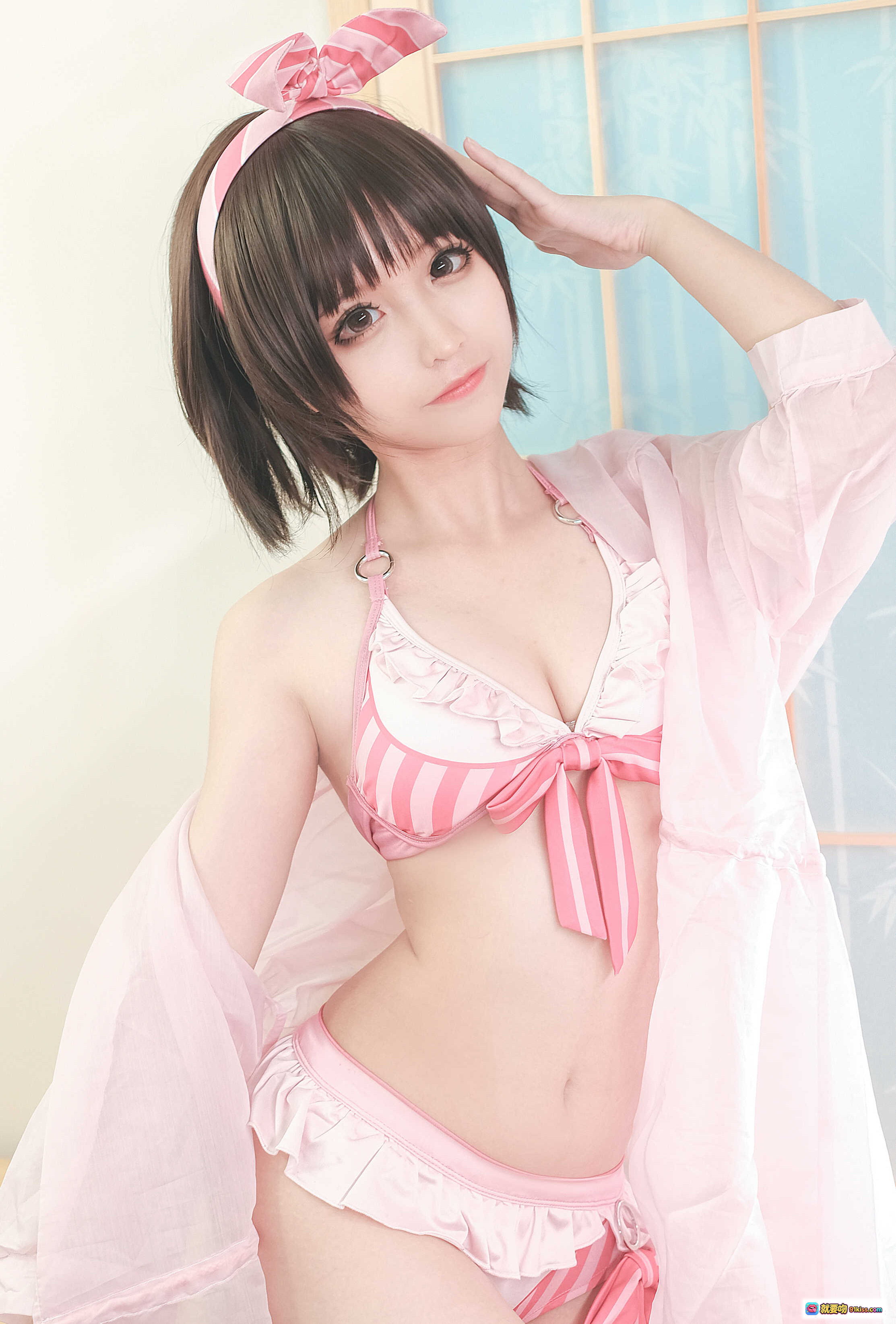 图片[5] - 蠢沫沫NO.020加藤惠泳装写真 40P高清美腿粉白条纹比基尼室内拍摄 甜美少女风私房照 - 就要吻