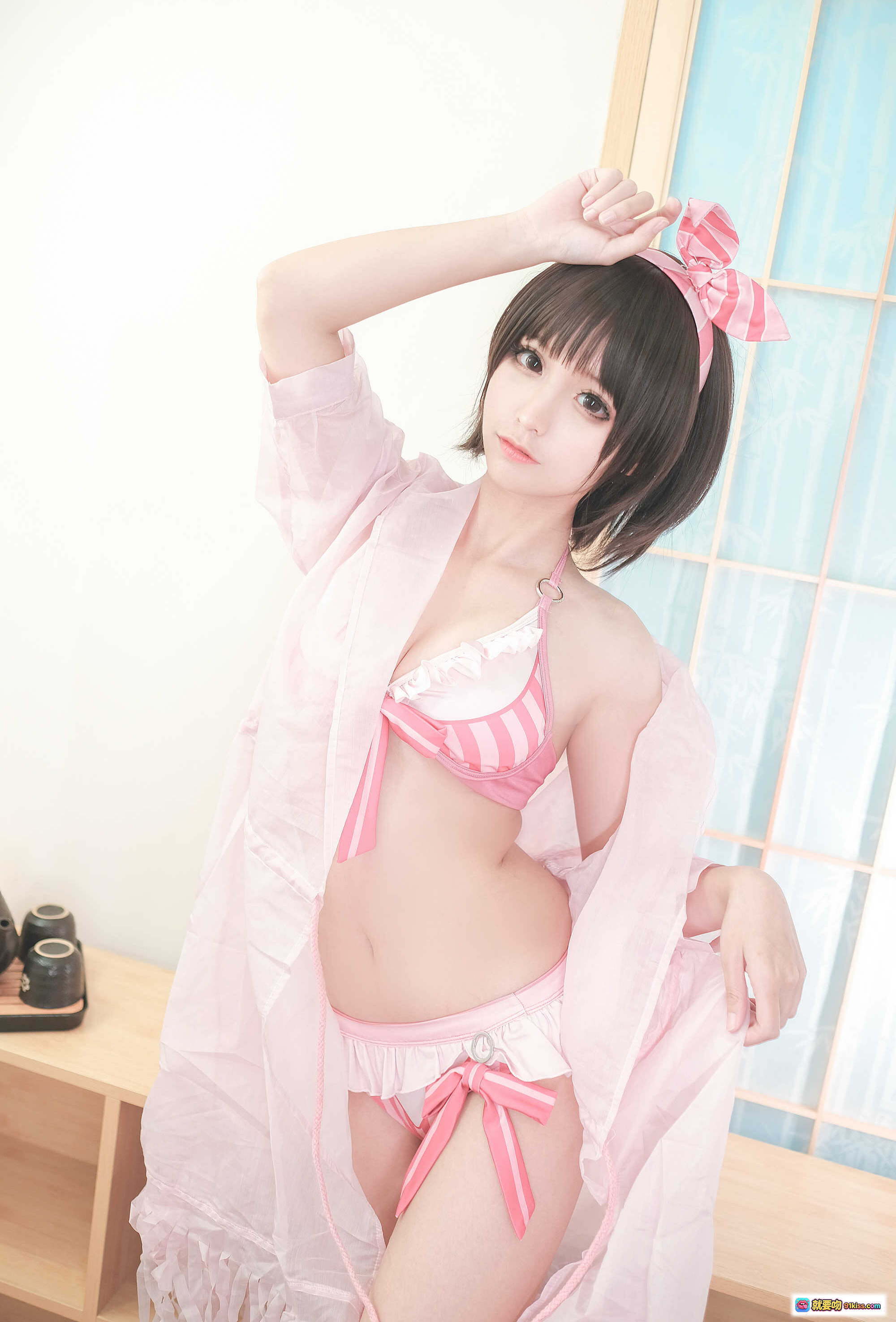 图片[8] - 蠢沫沫NO.020加藤惠泳装写真 40P高清美腿粉白条纹比基尼室内拍摄 甜美少女风私房照 - 就要吻