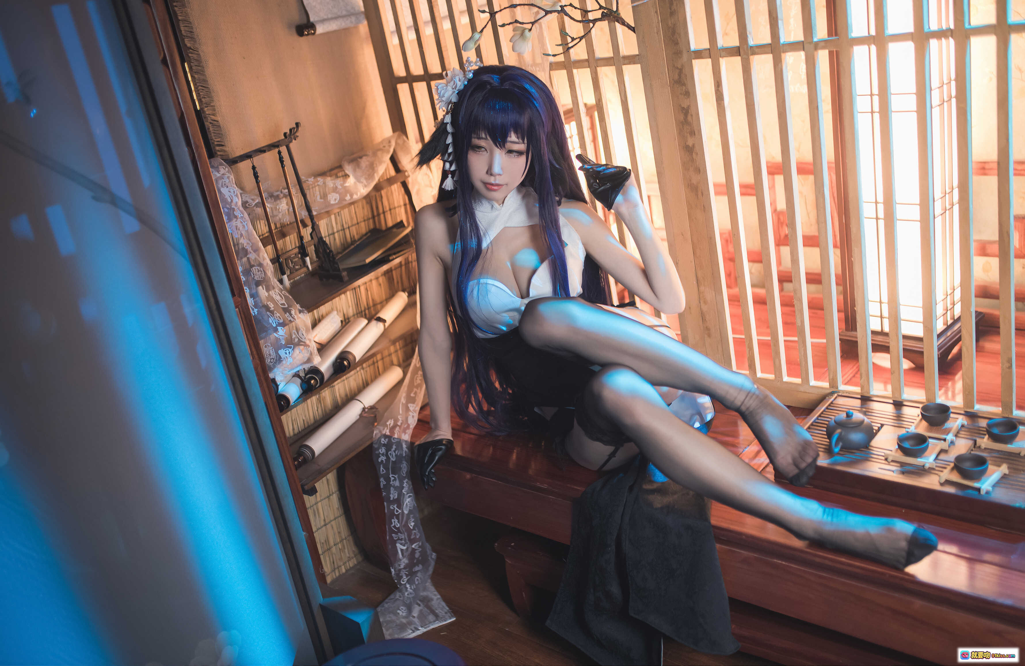 图片[4] - 水淼 NO.034 吾妻 Cosplay 紫发少女 白黑制服 蕾丝吊袜 木质背景 性感写真 40P高清图集 - 就要吻