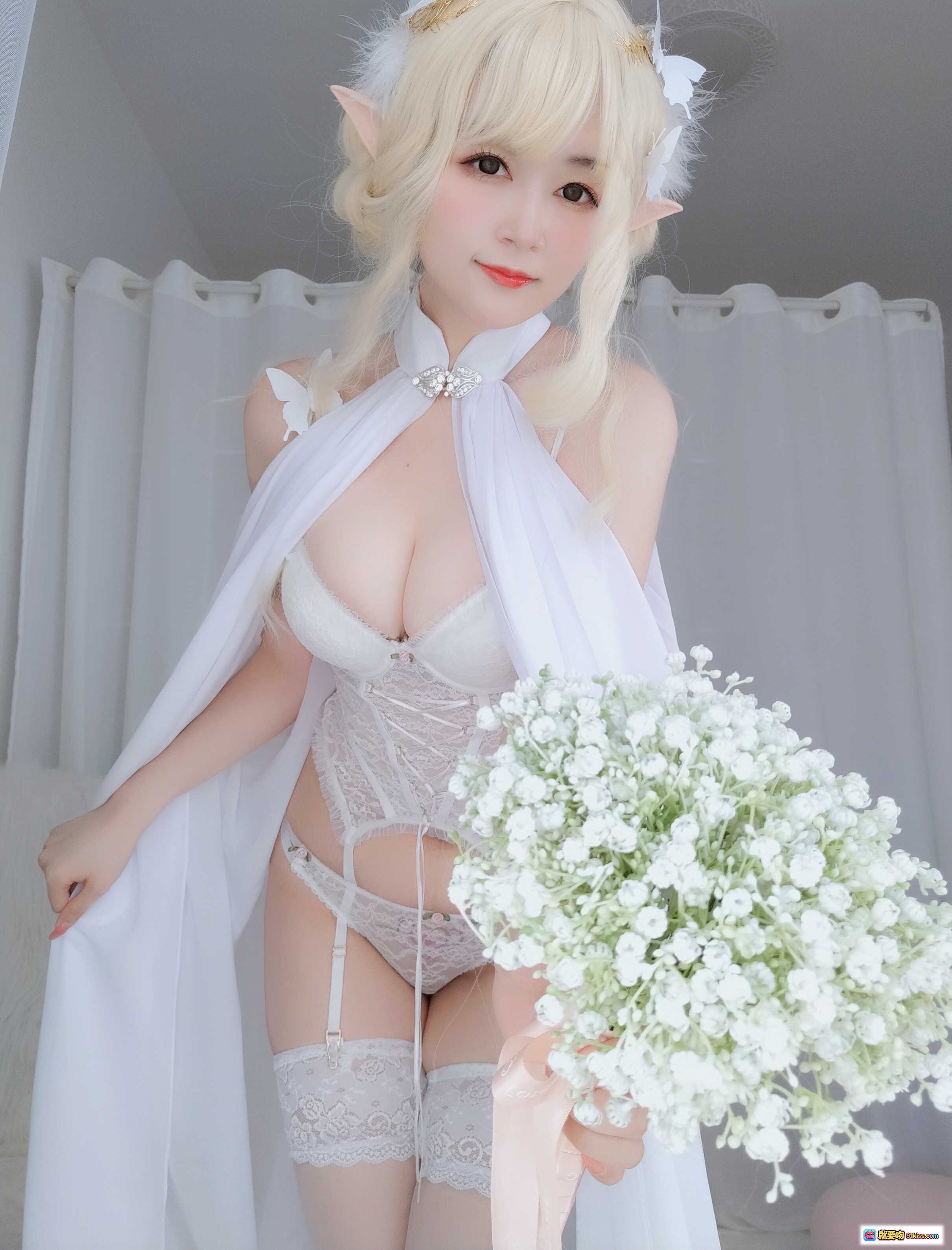 图片[4] - 白银81 NO.052 小白羊2 白发精灵耳少女 白纱披肩 满天星花束 蕾丝内衣 窗边柔光写真 141P高清图集 - 就要吻