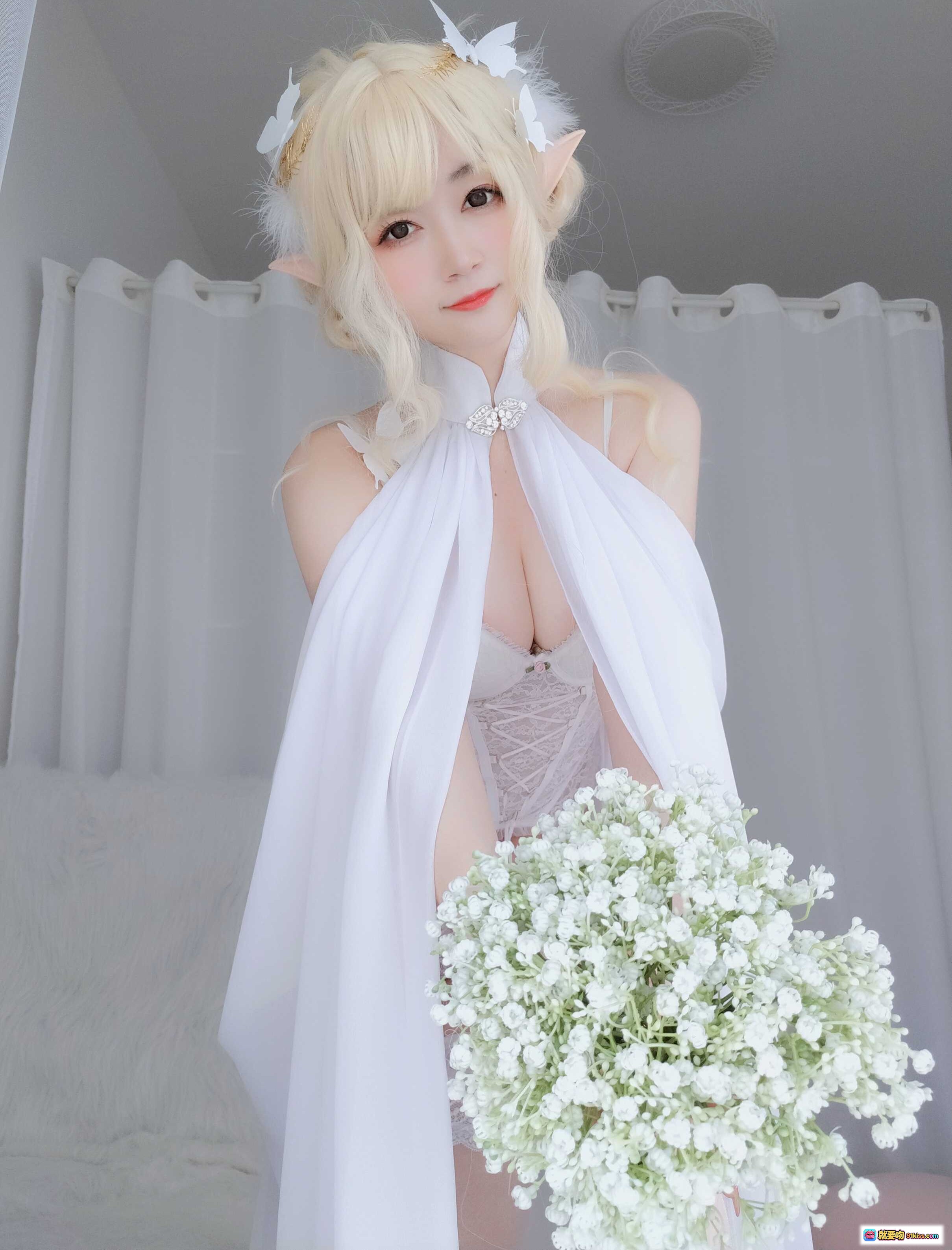 图片[6] - 白银81 NO.052 小白羊2 白发精灵耳少女 白纱披肩 满天星花束 蕾丝内衣 窗边柔光写真 141P高清图集 - 就要吻
