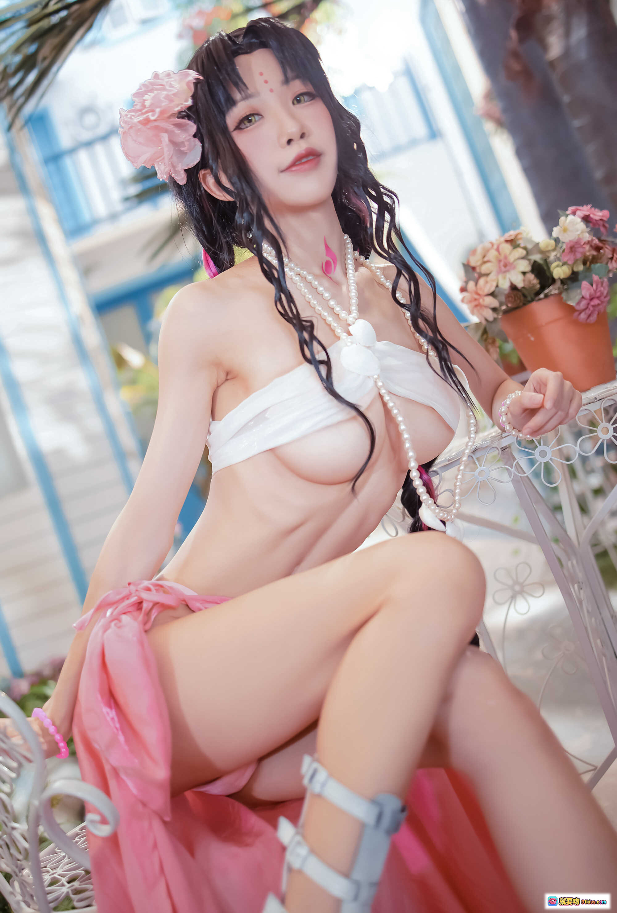 图片[4] - 水淼NO.058杀生院泳装COS写真｜白粉比基尼+珍珠项链+花饰黑发+性感坐姿+30P高清图集 - 就要吻