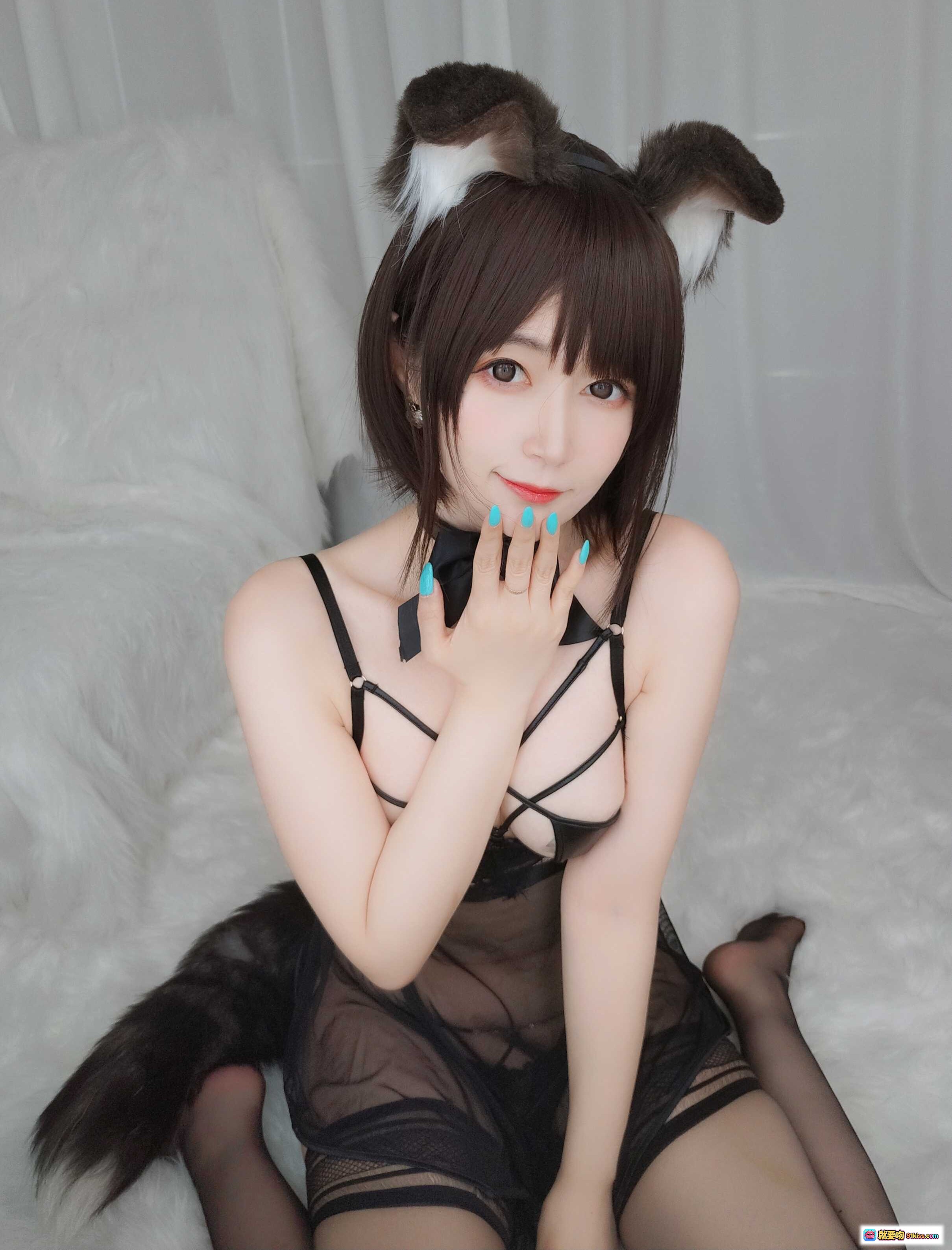 图片[9] - 白银81 NO.044 折耳狗 Cosplay 黑色蕾丝吊带裙 透明薄纱 猫耳发饰 性感写真 107P高清图集 - 就要吻