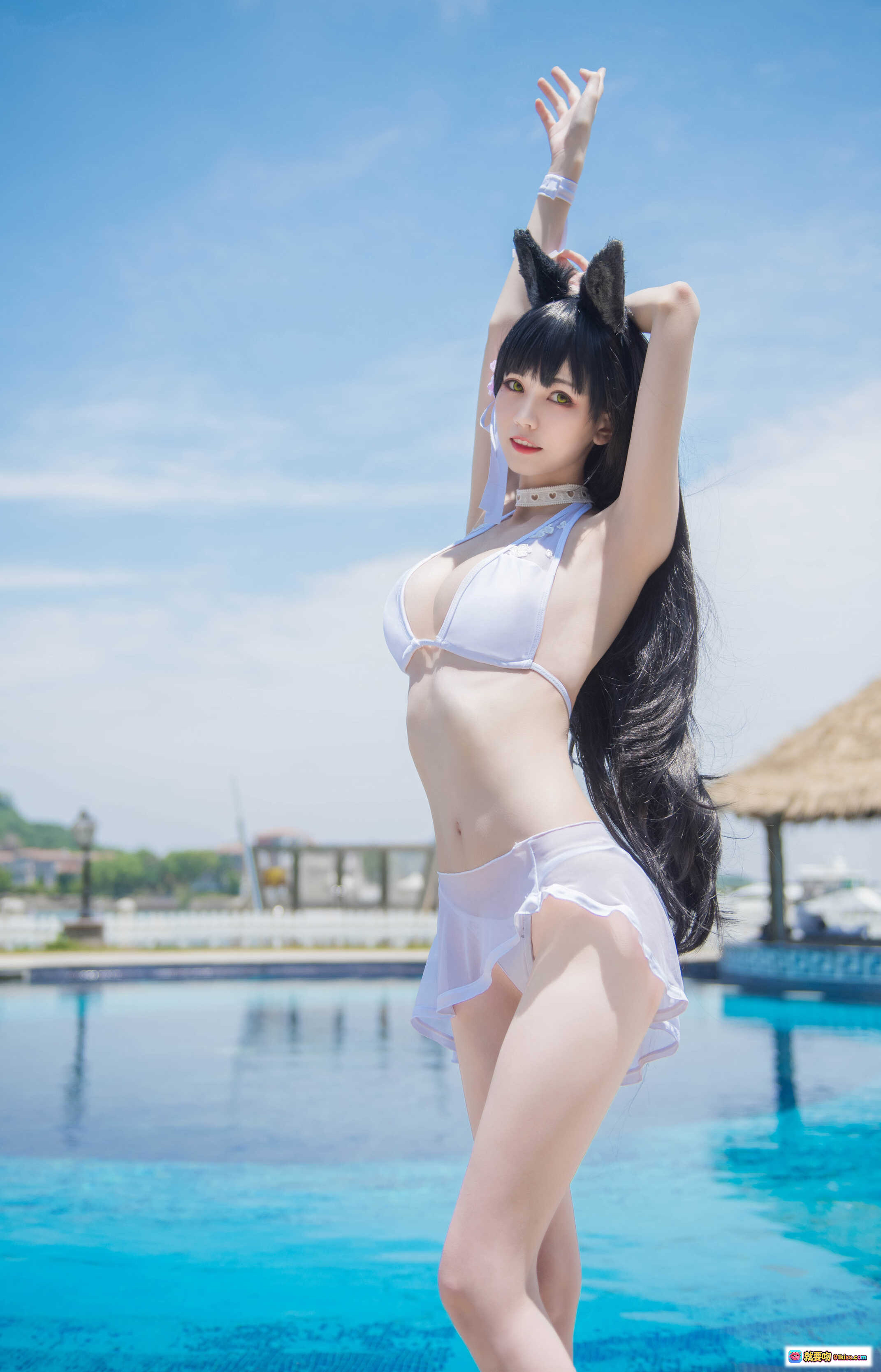 图片[7] - 你的负卿 NO.001 爱党泳装写真 – 白色比基尼猫耳少女泳池边飘逸长发性感美照 - 就要吻