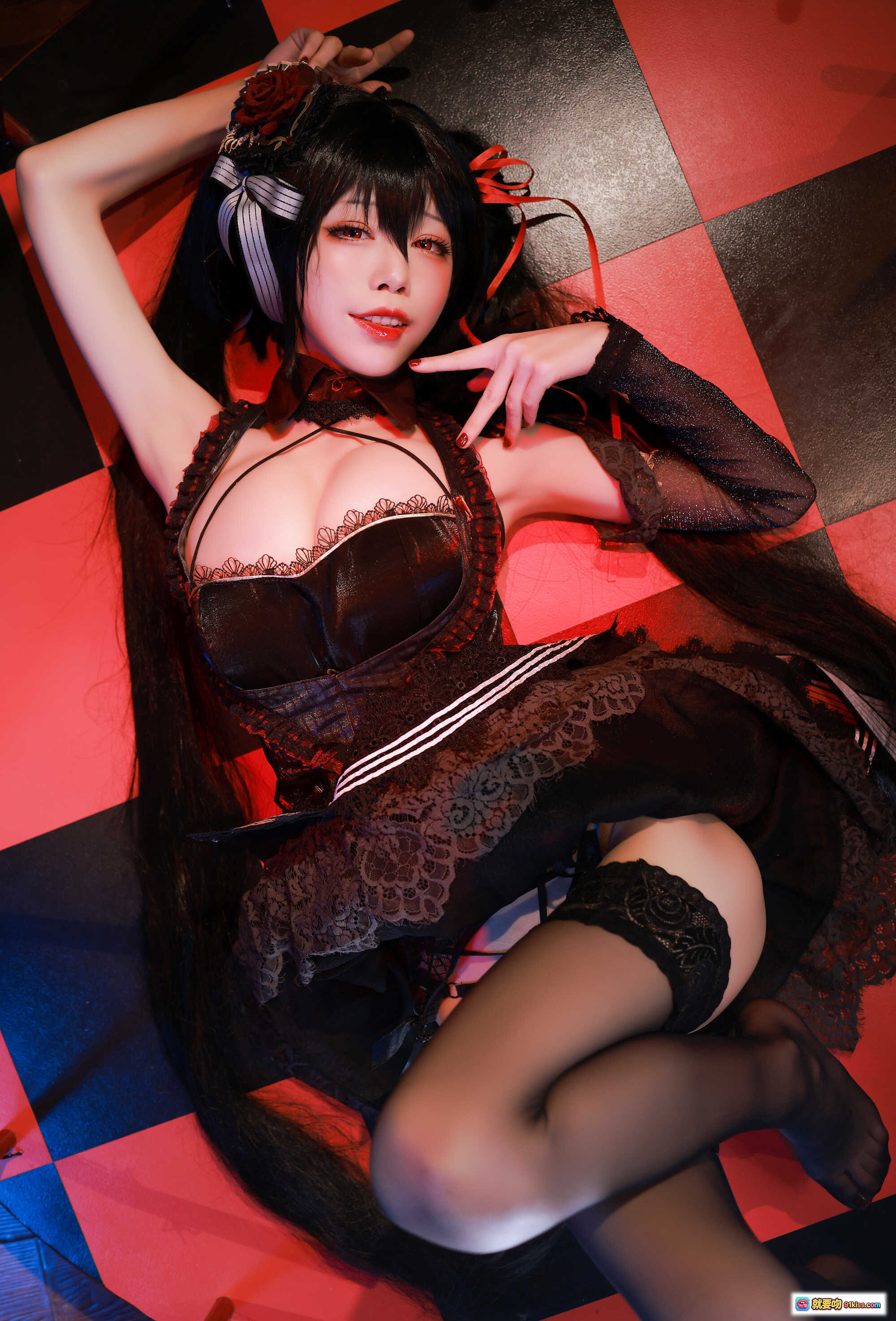 图片[5] - 水淼NO.076大凤打歌服写真｜黑红格纹地板性感姿势｜蕾丝吊带黑丝美腿｜45P高清图集 - 就要吻
