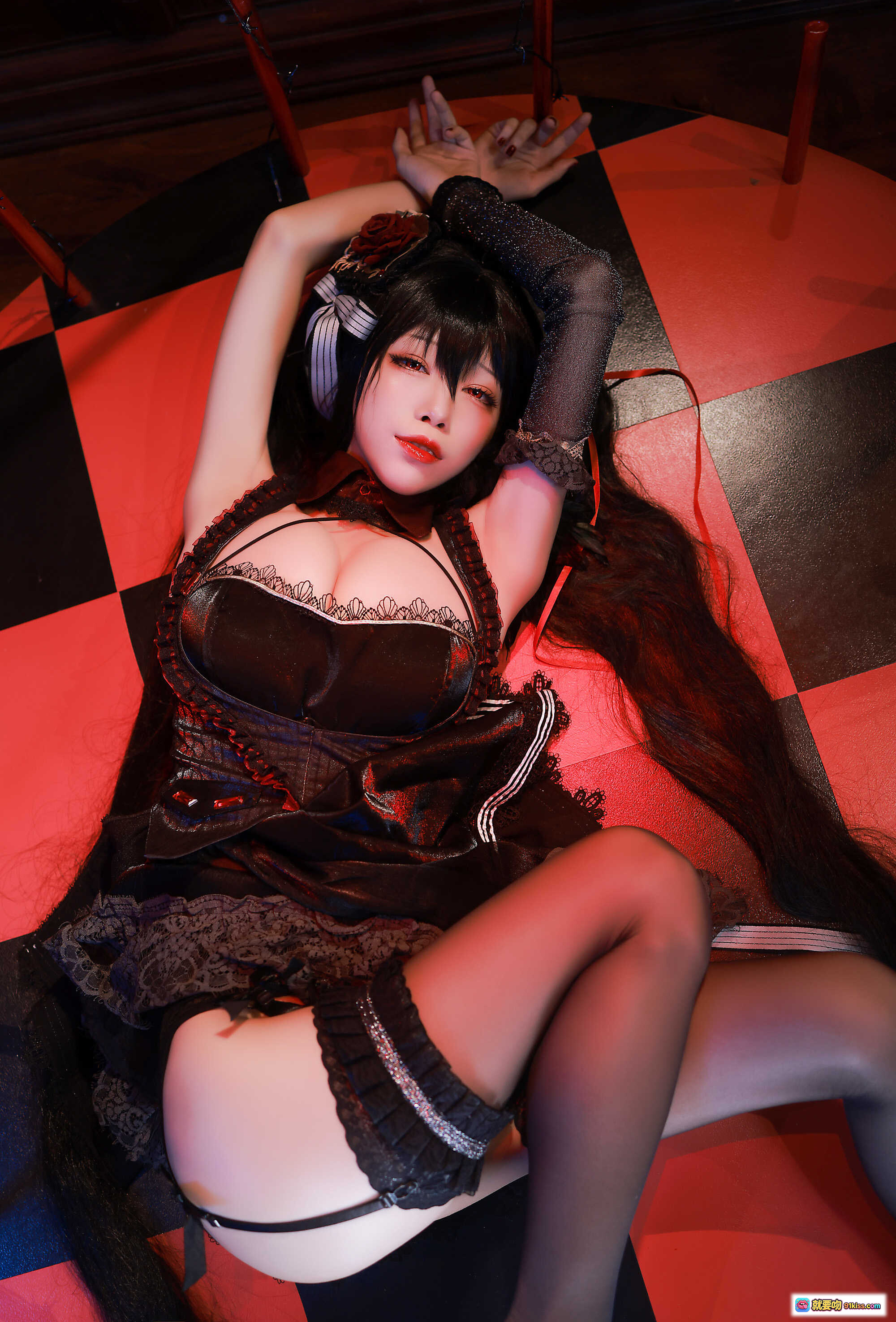 图片[7] - 水淼NO.076大凤打歌服写真｜黑红格纹地板性感姿势｜蕾丝吊带黑丝美腿｜45P高清图集 - 就要吻