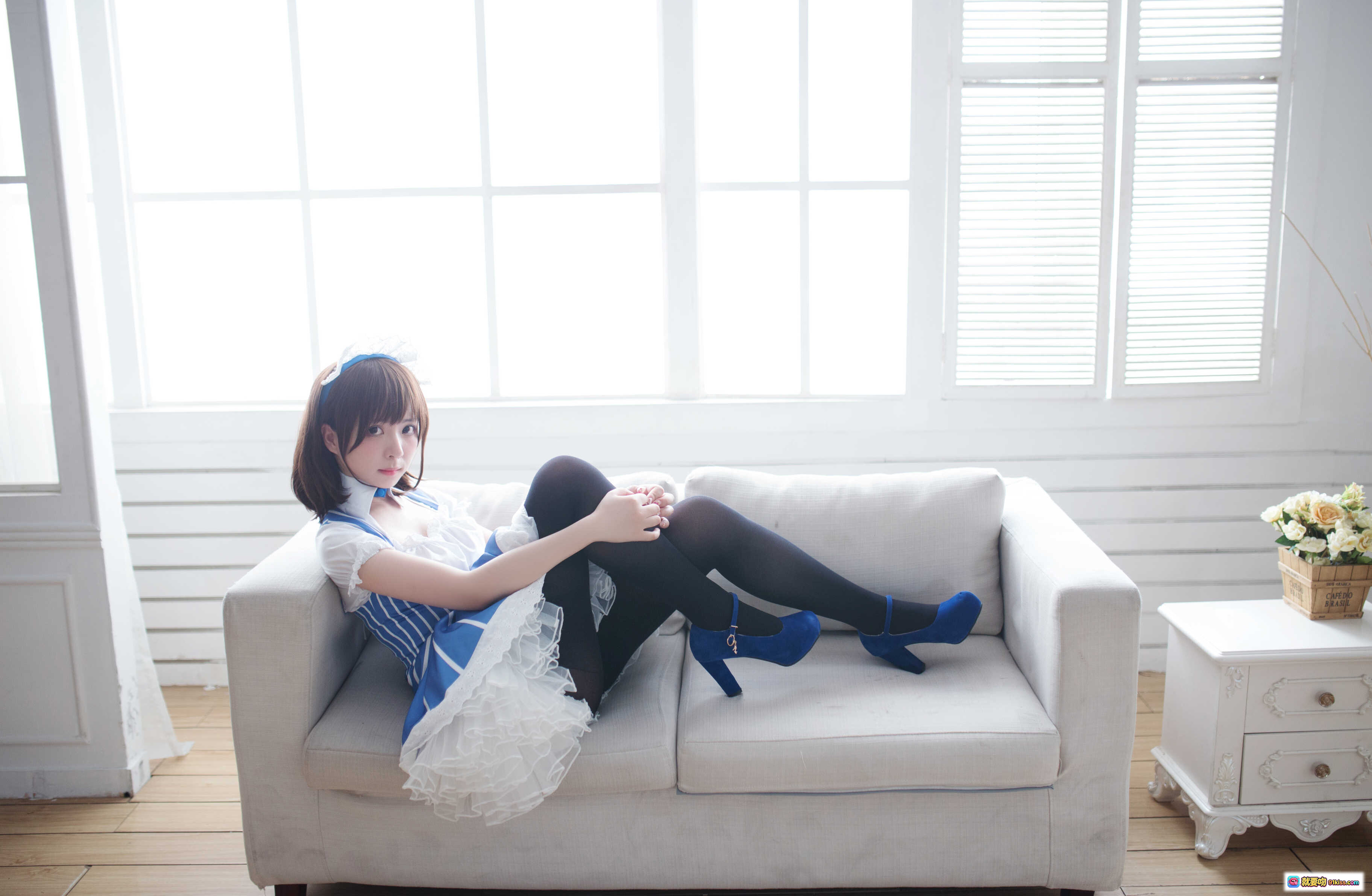 图片[3] - 闪月半NO.003加藤惠蓝白条纹女仆装黑丝美腿居家写真17P高清图集 - 就要吻