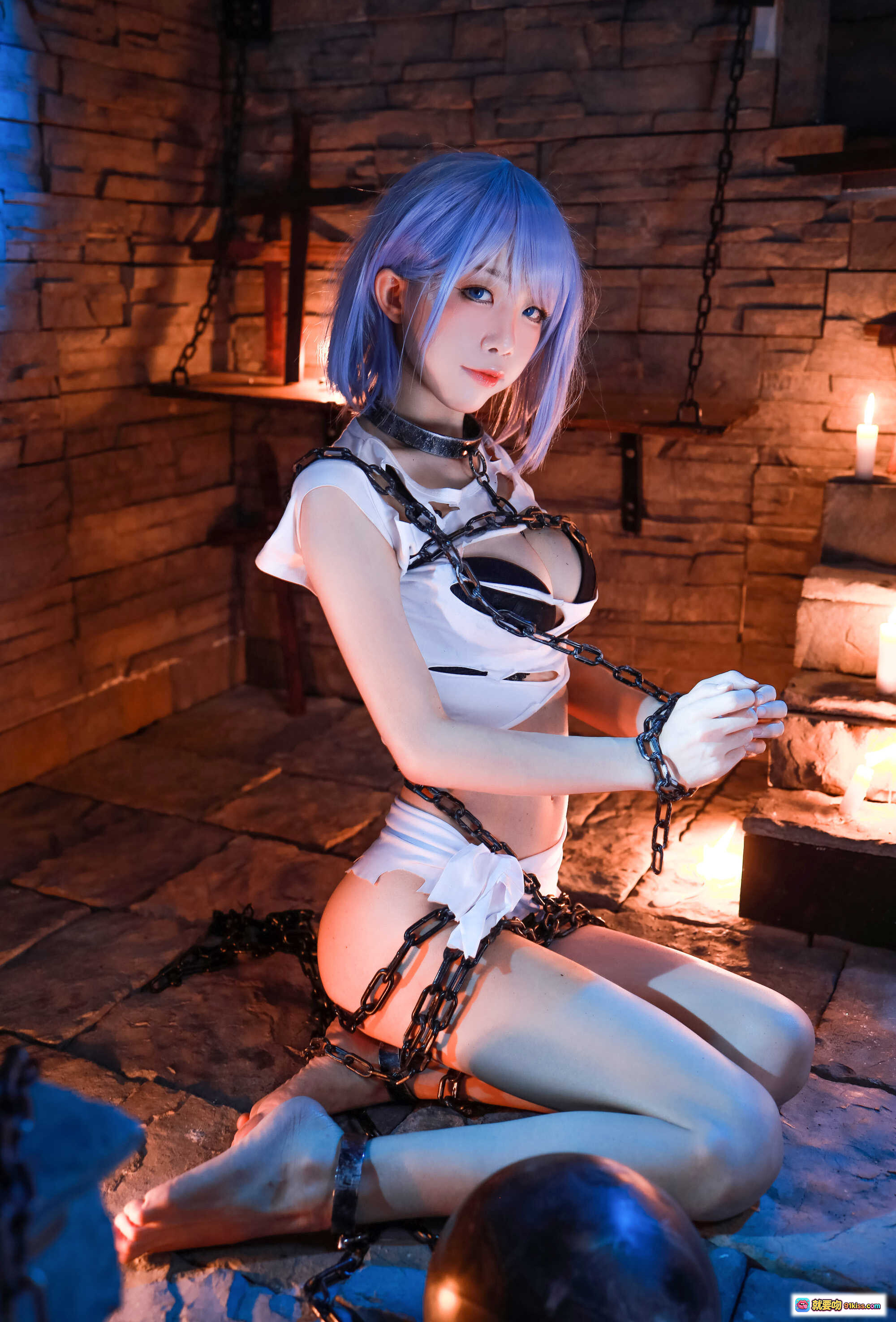 图片[3] - 水淼Aqua NO.062 恰巴耶夫 Cosplay 蓝发少女 锁链束缚 地牢场景 白衣黑袜 39P高清写真 - 就要吻
