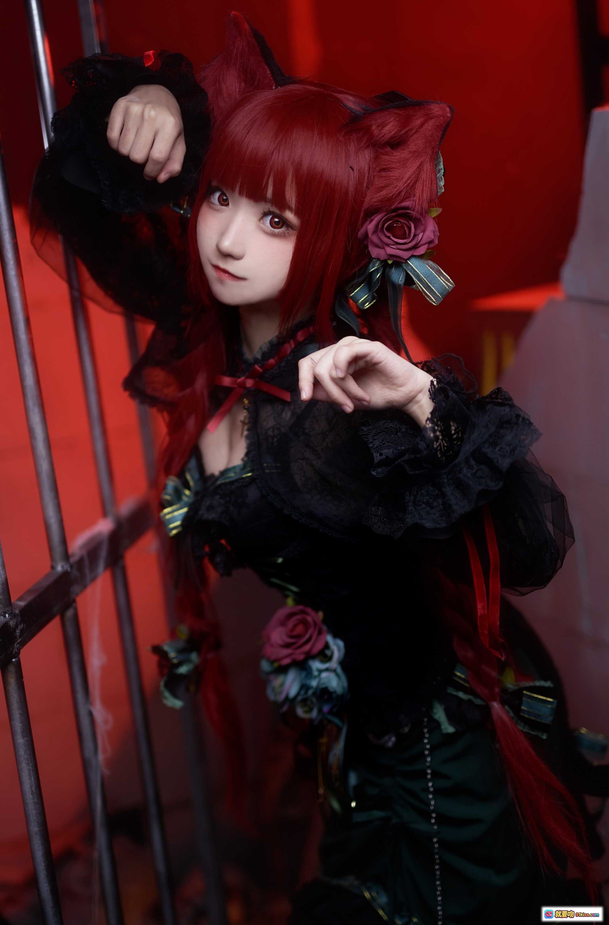 图片[5] - 花柒Hana NO.005 火焰猫燐 Cosplay 黑色蕾丝哥特风 红发双马尾 花饰洛丽塔 优雅暗黑系造型 - 就要吻