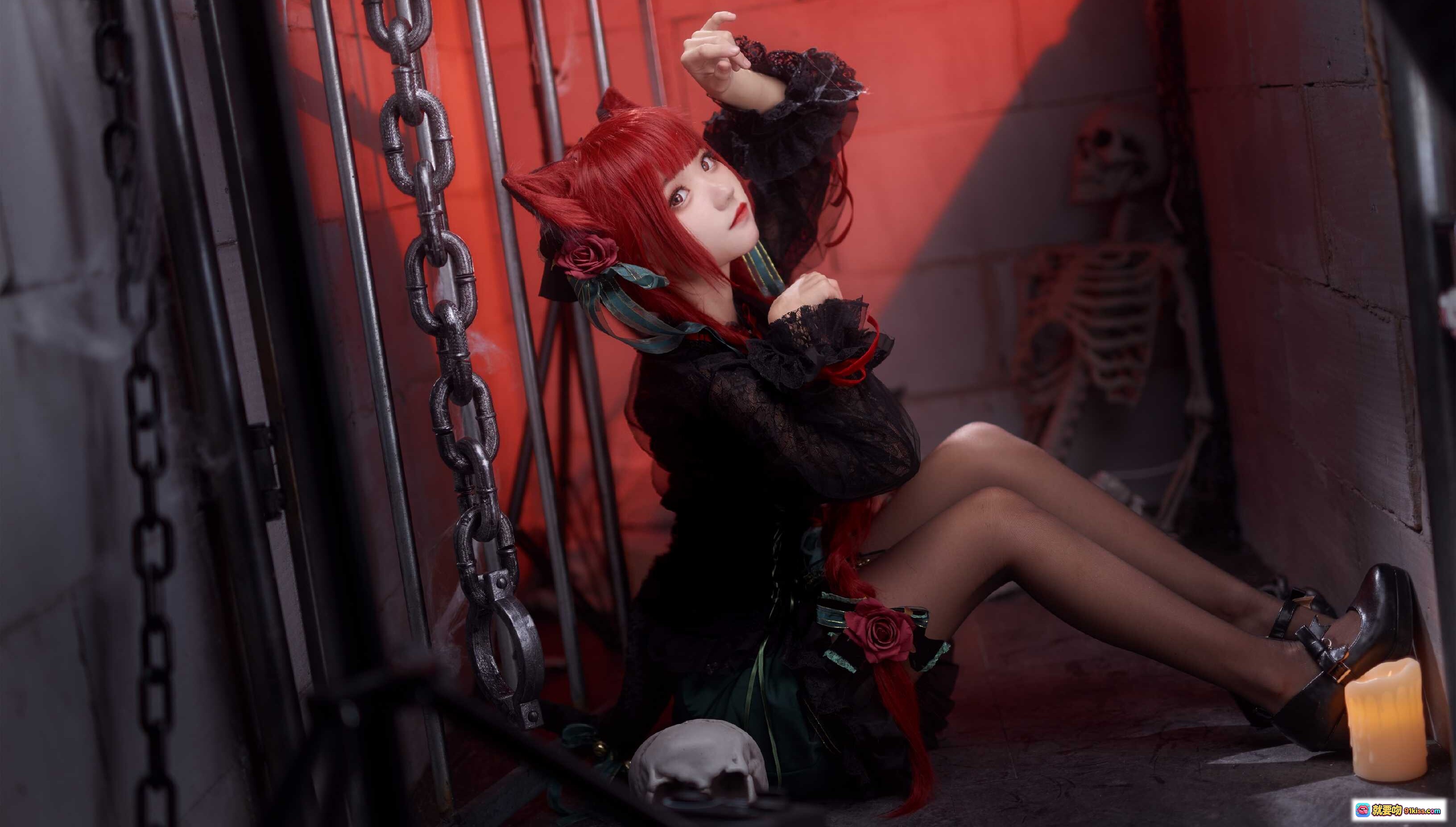 图片[4] - 花柒Hana NO.005 火焰猫燐 Cosplay 黑色蕾丝哥特风 红发双马尾 花饰洛丽塔 优雅暗黑系造型 - 就要吻